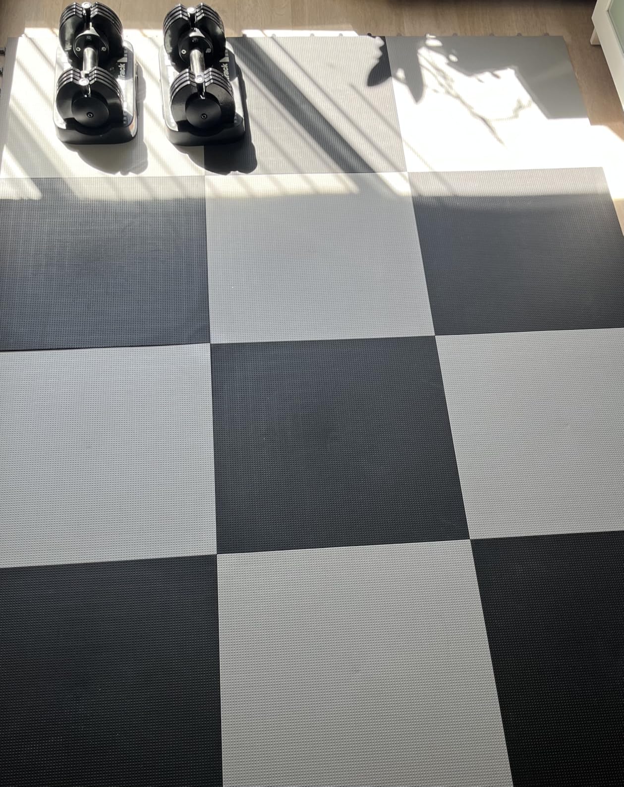 Baselayer Balance Series Interlocking Floor Tiles - Durable 1/2 in TPE (Rubber Like, NOT Foam, no Odor) - Gym Flooring for Cardio Equipment and Gymnastics - Black, 30 SqFt (12 Pack) - Made in USA customer photo 1