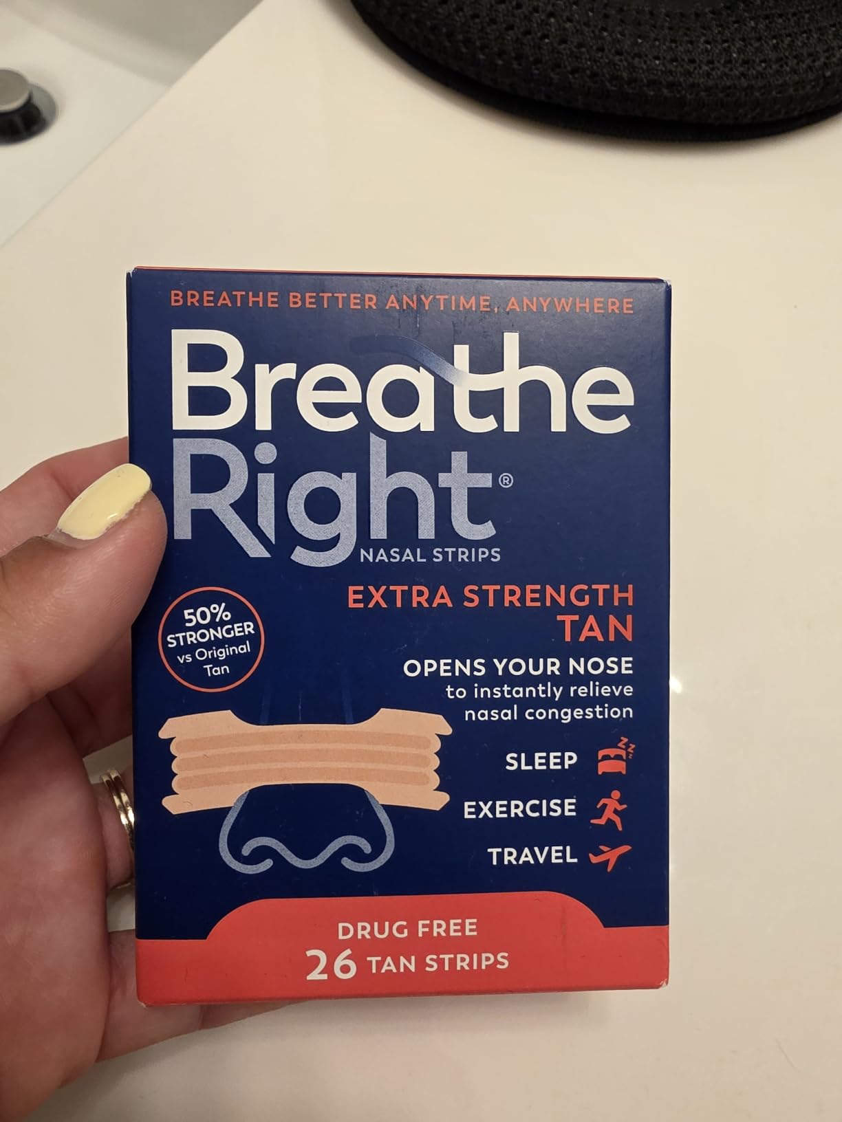Breathe Right Nasal Strips, Extra Strength Tan Nose Strips, Drug-Free Nasal Congestion Relief for Better Breathing, Help Relieve Snoring, Caused by Colds & Allergies, Deviated Septum, 26ct customer photo 1