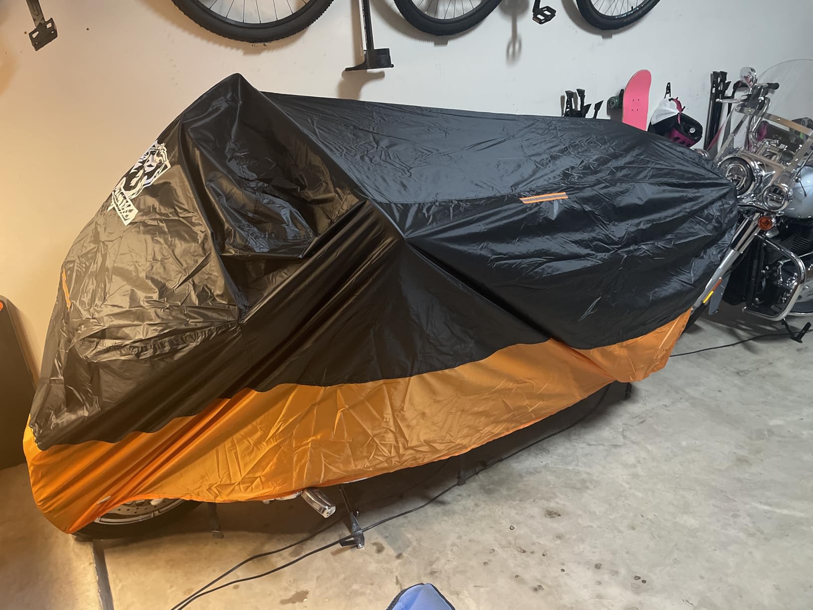 XYZCTEM Motorcycle Cover - All Season Waterproof Outdoor Protection - Fit up to 116 inch Tour Bikes, Choppers and Cruisers - Protect Against Dust, Debris, Rain and Weather(XXXL,Black& Orange) customer photo 1