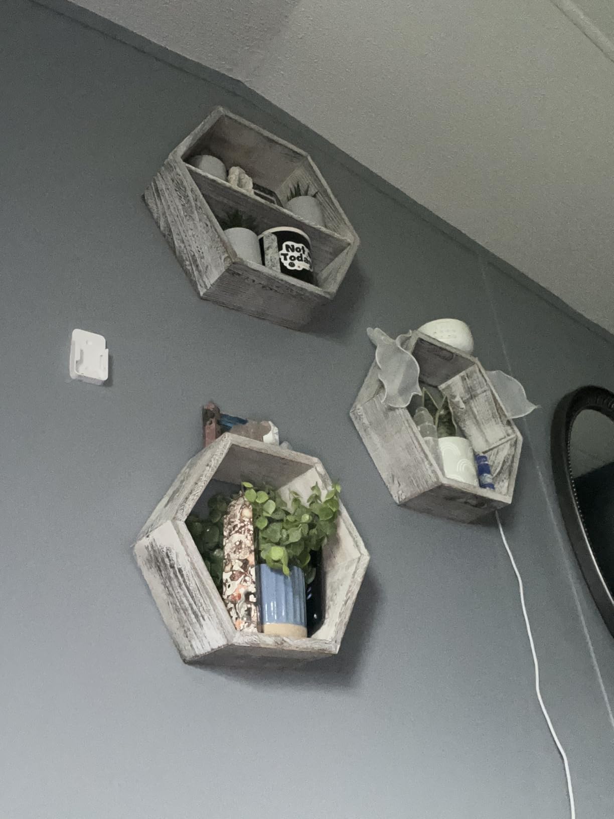 Comfify Rustic White Hexagonal Floating Shelves - Set of 3 - Honeycomb | Rustic White; paulownia wood; set of 3 hexagonal shelves; honeycomb wall decor; 12.75W each; screws included; farmhouse customer photo 1