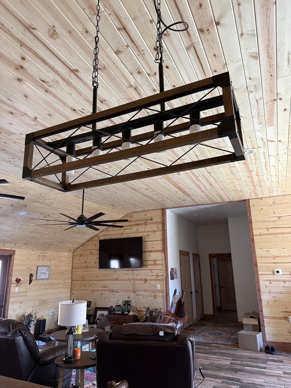 Kitchen Island Lighting, 33.5-Inch 5 Lights Farmhouse Linear Chandelier for Dining Room Pool Table Pendant Light Fixture, Rustic Wood Grain Finish, Industrial Pendant Light customer photo 2