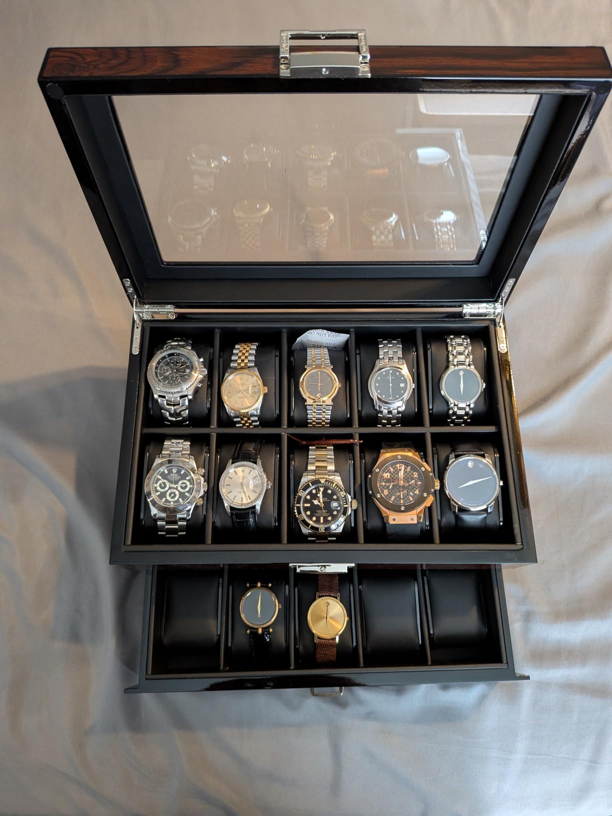 BEWISHOME High-End Watch Box 20-Slot Wooden Watch Case with Large Glass Lid | 2-Layer Watch Cases for Men, Watch Storage, Watch Organizer, Synthetic Leather Interior, Brown customer photo 1