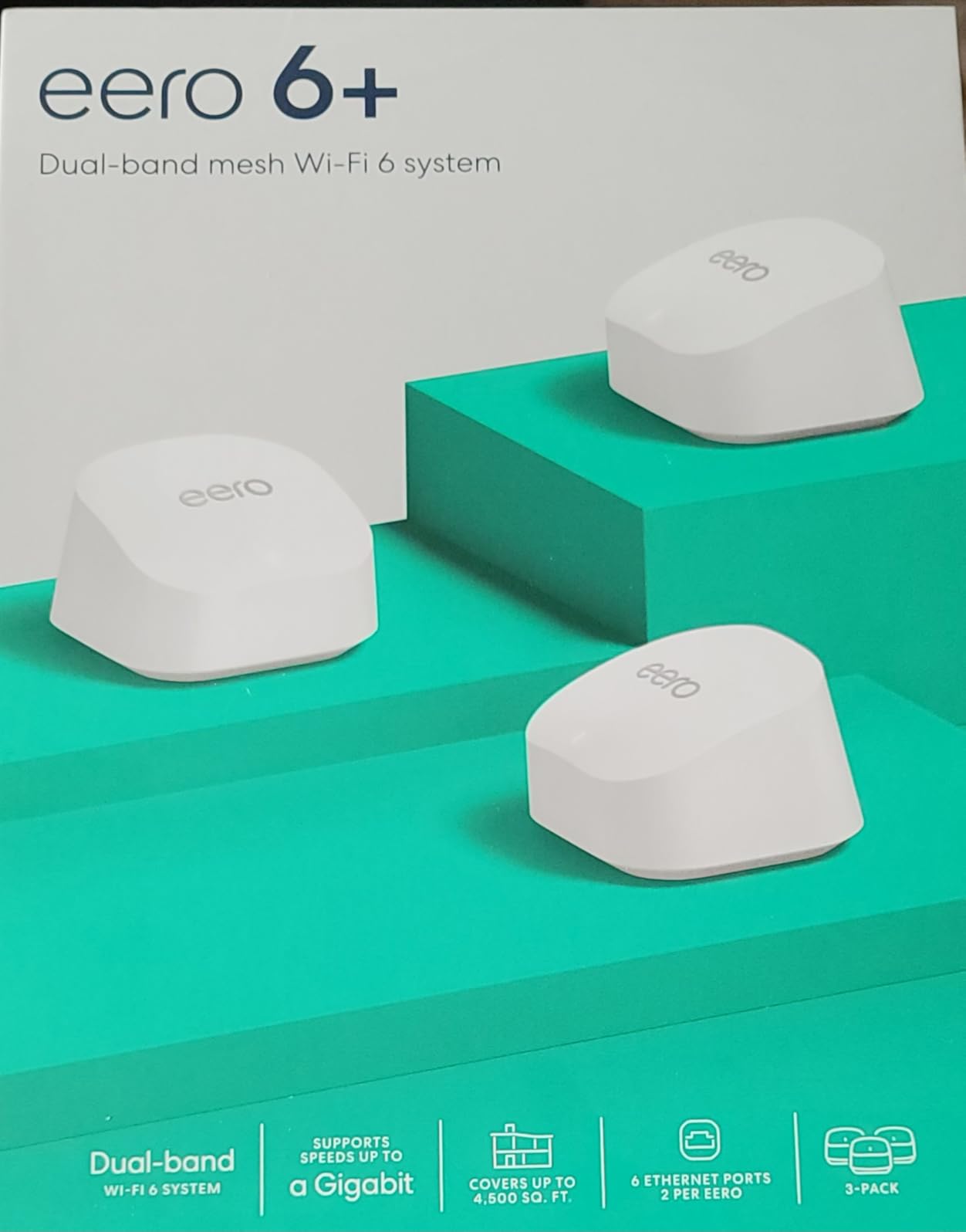 Amazon eero 6+ mesh wifi system - Supports internet plans up to a Gigabit, Coverage up to 4,500 sq. ft., Connect 75+ devices, 3-pack customer photo 3