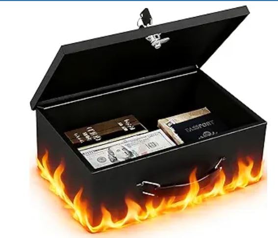 KYODOLED Fireproof Document Box with Key Lock, Small Lock Boxes for Personal Items, Fire and Water Resistance, Fireproof Safe Box for Documents, Jewelry, Passport, Cash, 12.6'' x 8.3'' x 3.58'' Black customer photo 2
