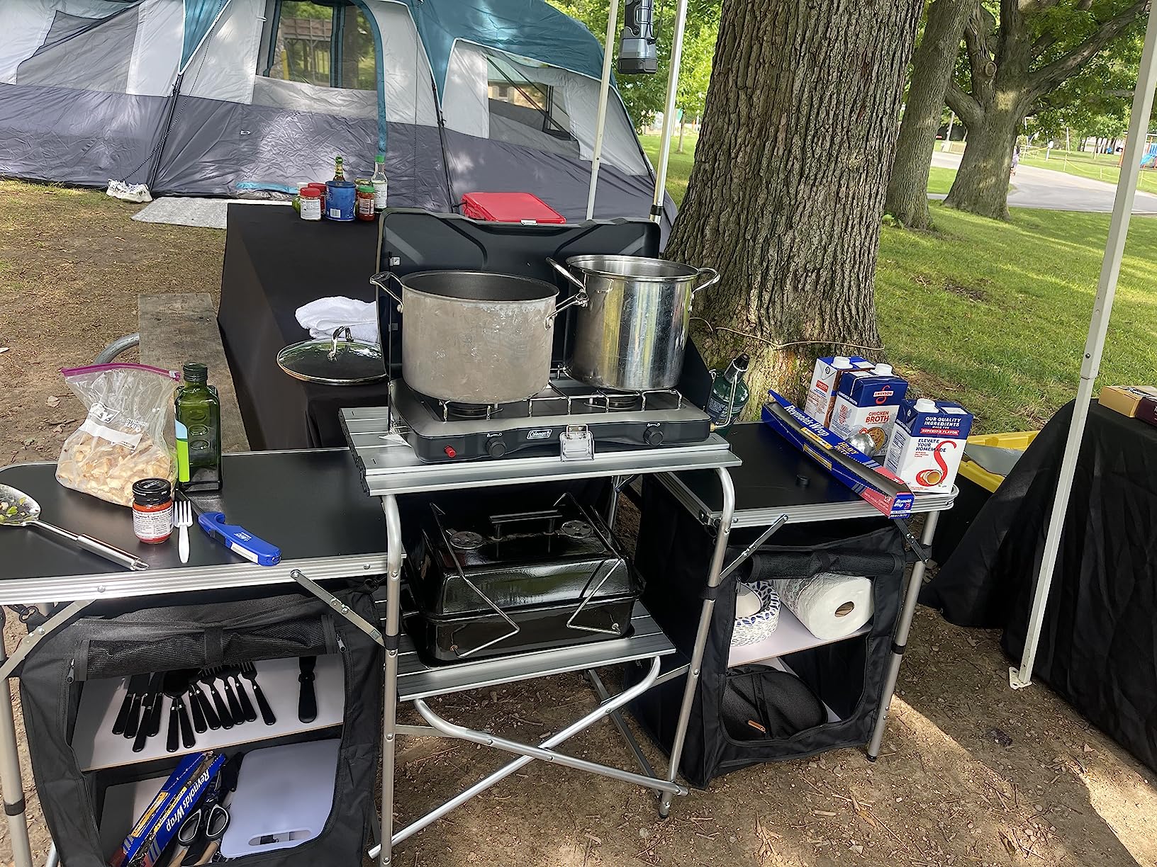 Nice C Camping Kitchen Table, Folding Cook Table, Upgrade Light Stand and Windshield Cook Station & 3 Organizers, Carry Bag for Grill, Outdoor, Beach, BBQ, Picnic, Cooking (Silver) customer photo 2