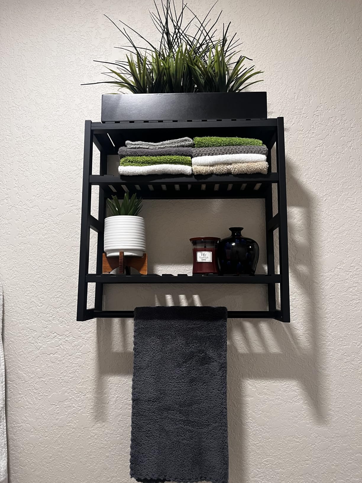 Galood Over The Toilet Storage Bathroom Shelves Wall Mounted 3 Tier Black | Space Saver Corner Shelf Organizer Bamboo Towel Rack Toilet Paper Cabinet with Hanging Rod customer photo 1