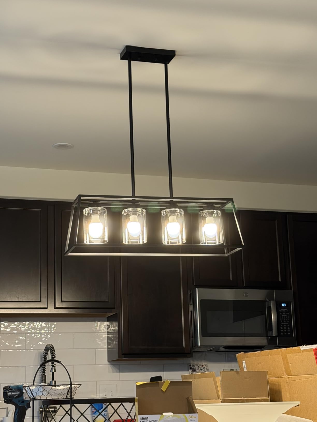4-Light Black Farmhouse Chandelier for Dining Room Light Fixture | Rectangle Chandelier with Clear Glass Shade, Height Adjustable, Linear Pendant Light for Restaurant Kitchen Island Over Table customer photo 1
