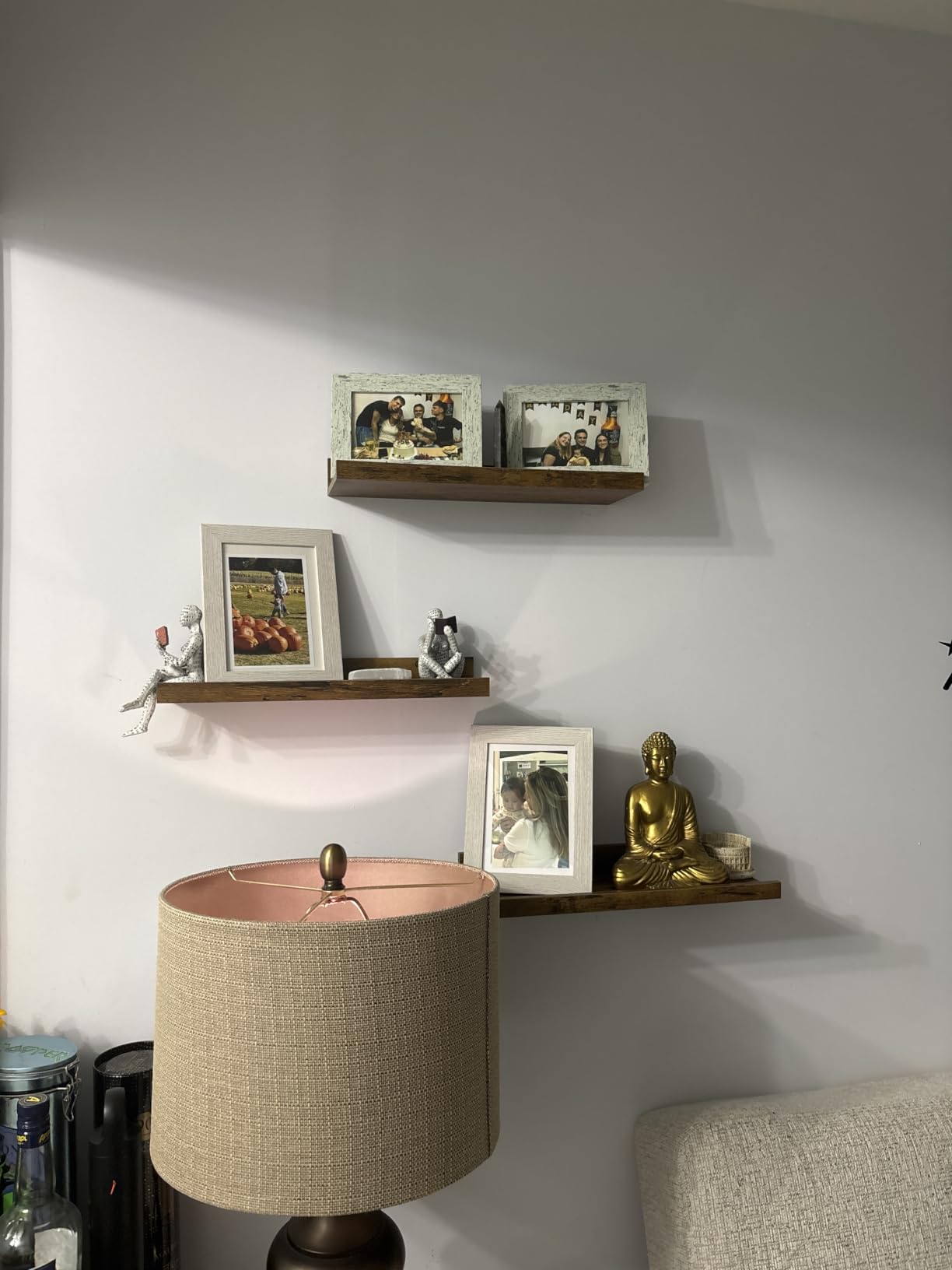 Picture Ledge Shelf, 24 Inch Walnut Floating Shelves Set of 3 | Wall Shelves with Lip, Rustic Wood Picture Shelf for Nursery Books Toys Storage, 3 Different Depths, Engineered Wood, 30LBS customer photo 2