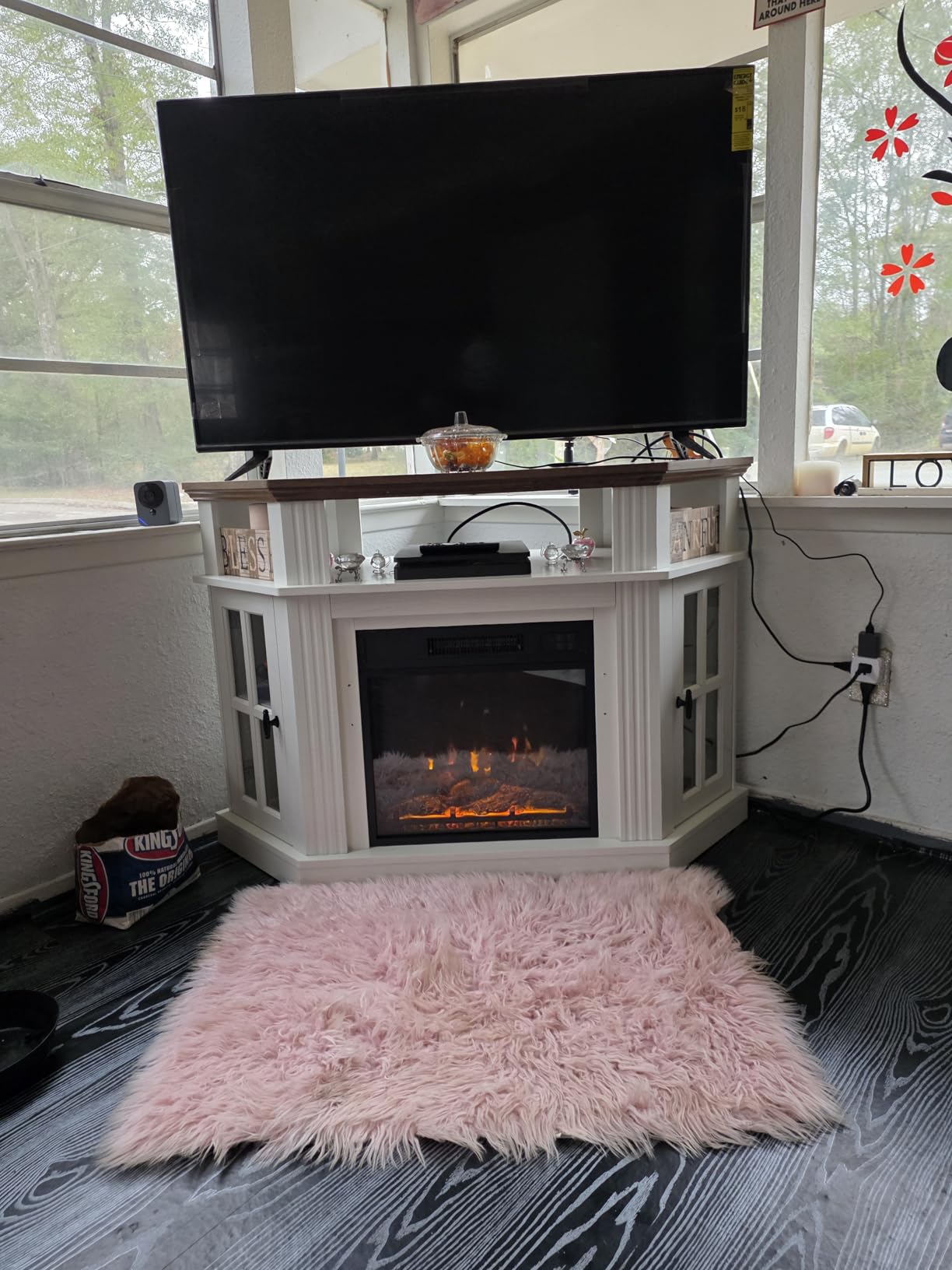 Furmax Fireplace Corner TV Stand for Up to 55 Inch, Modern Console with 18 Inch Electric Fireplace, Entertainment Center with Open Shelf and Storage Cabinets for Living Room (Antique White) customer photo 2