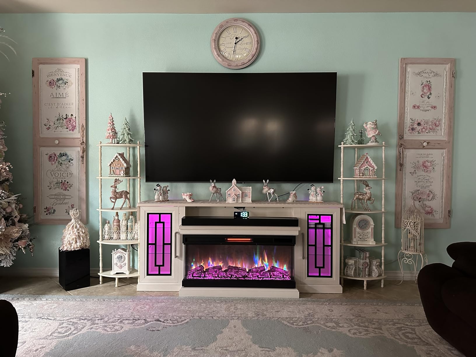 59 Inch LED TV Stand with 3-Side Glass Fireplace, Modern Media Entertainment Center Console Table for TVs up to 65 Inch with Adjustable Color, 24'' Fireplace, Highboy, Grey Wash customer photo 1