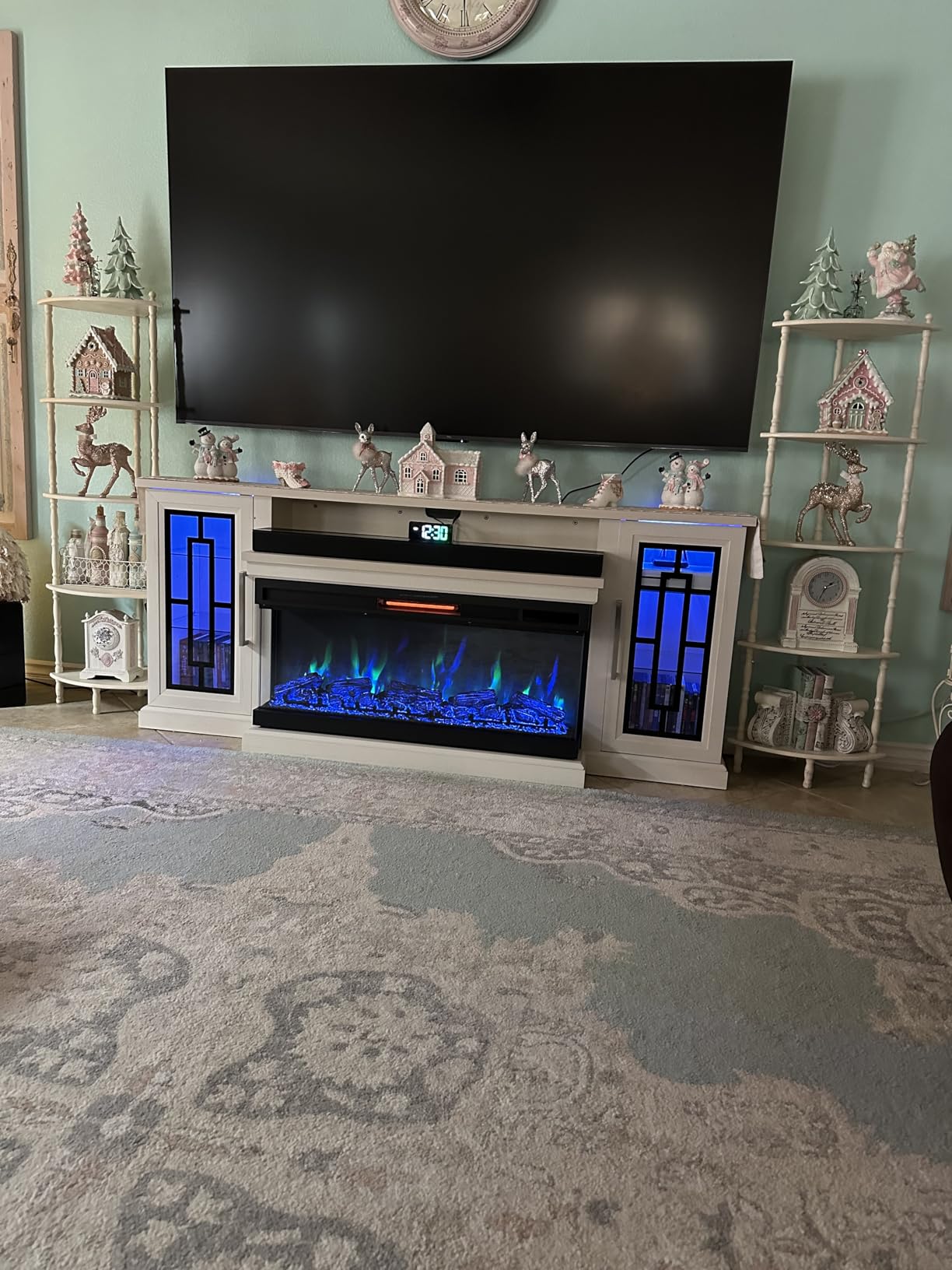 59 Inch LED TV Stand with 3-Side Glass Fireplace, Modern Media Entertainment Center Console Table for TVs up to 65 Inch with Adjustable Color, 24'' Fireplace, Highboy, Grey Wash customer photo 2