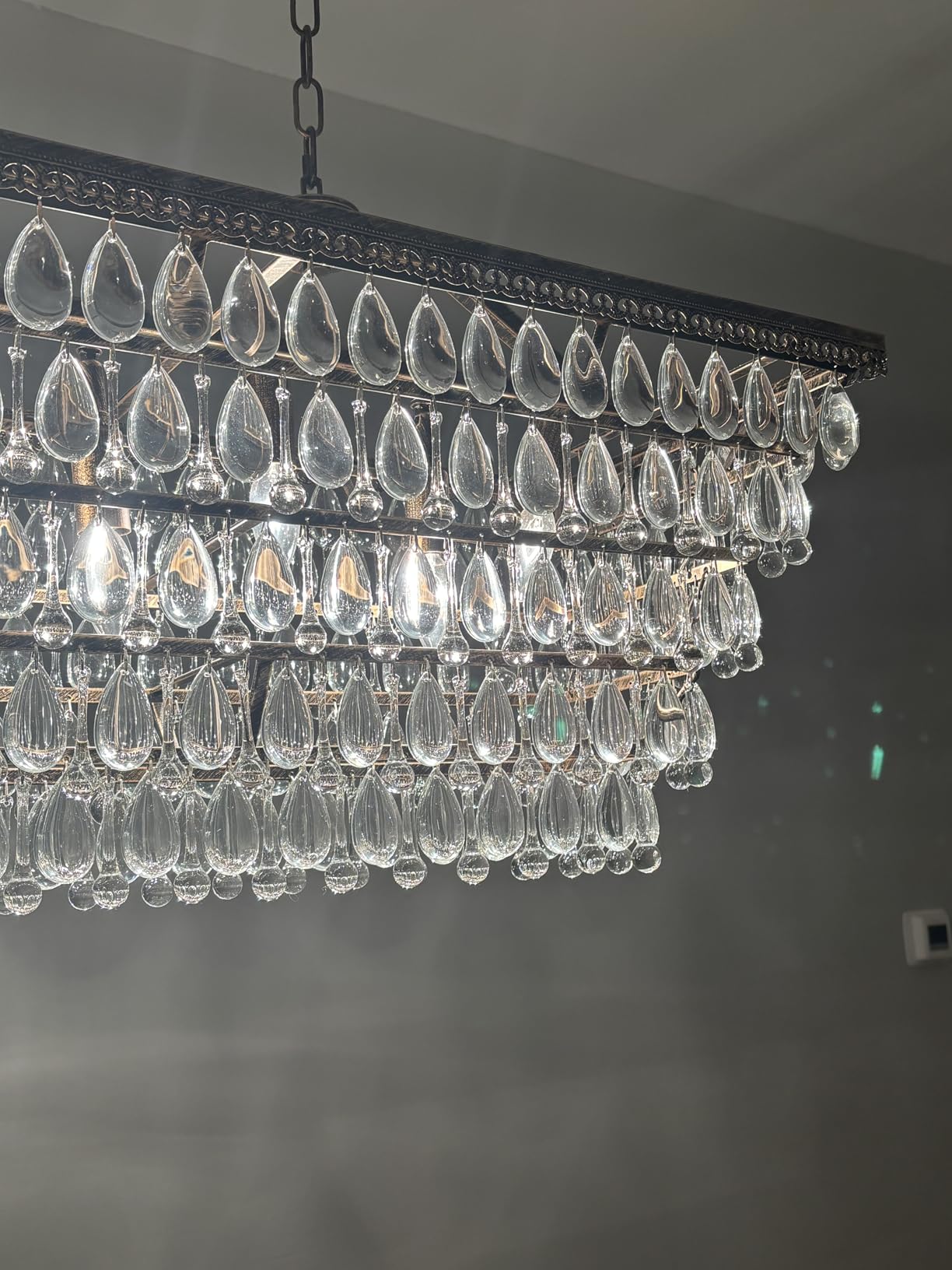Wellmet Dining Room Crystal Chandelier, 48 Inch Antique Bronze Rectangle Chandeliers, 9 Lights Luxury Large Farmhouse Hanging Ceiling Light Fixtures for Kitchen Island, Living Room, Entryway customer photo 2