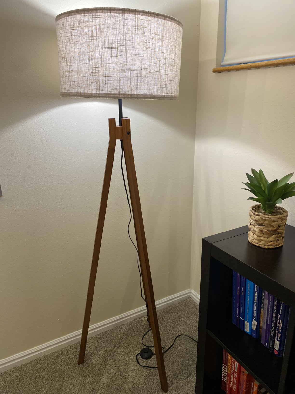 ELYONA Wood Tripod Floor Lamp, Mid Century Reading Standing Lamp with 3 Color Temperatures & Linen Shade, Modern Night Light for Bedroom, Farmhouse, Living Room, Office, 9W LED Bulb Included, Brown customer photo 1
