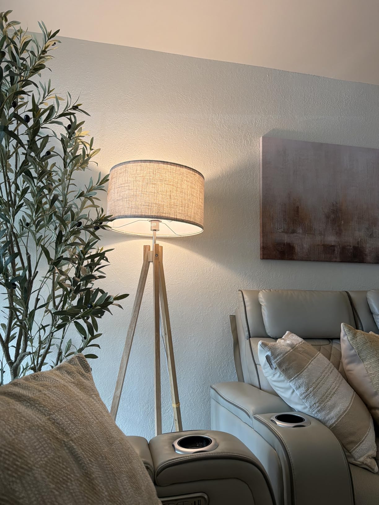 ELYONA Wood Tripod Floor Lamp, Mid Century Reading Standing Lamp with 3 Color Temperatures & Linen Shade, Modern Night Light for Bedroom, Farmhouse, Living Room, Office, 9W LED Bulb Included, Brown customer photo 2