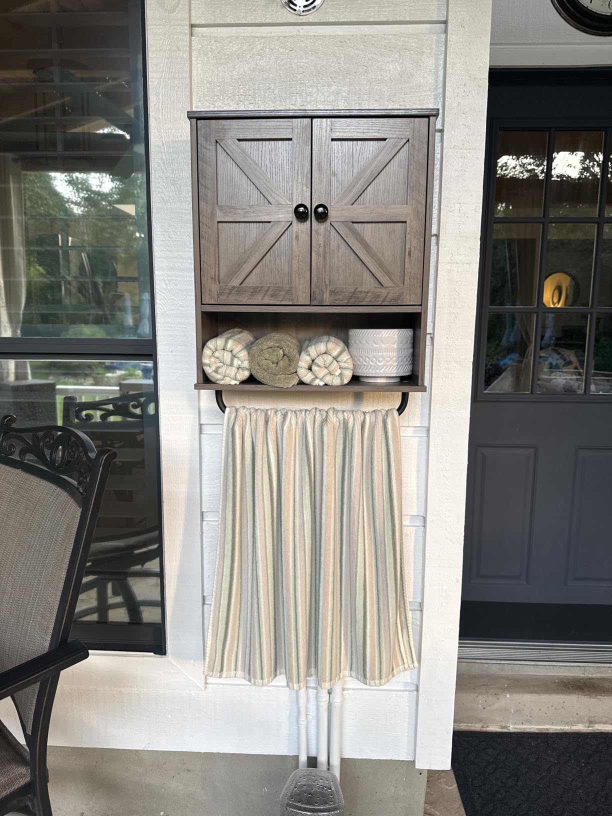 Bathroom Wall Cabinet, Medicine Cabinet with Open Partition and Towel Bar, Rustic Storage Cabinet with Open and Hidden Storage Space, for Bathroom, Living Room, Kitchen, White and Walnut customer photo 1