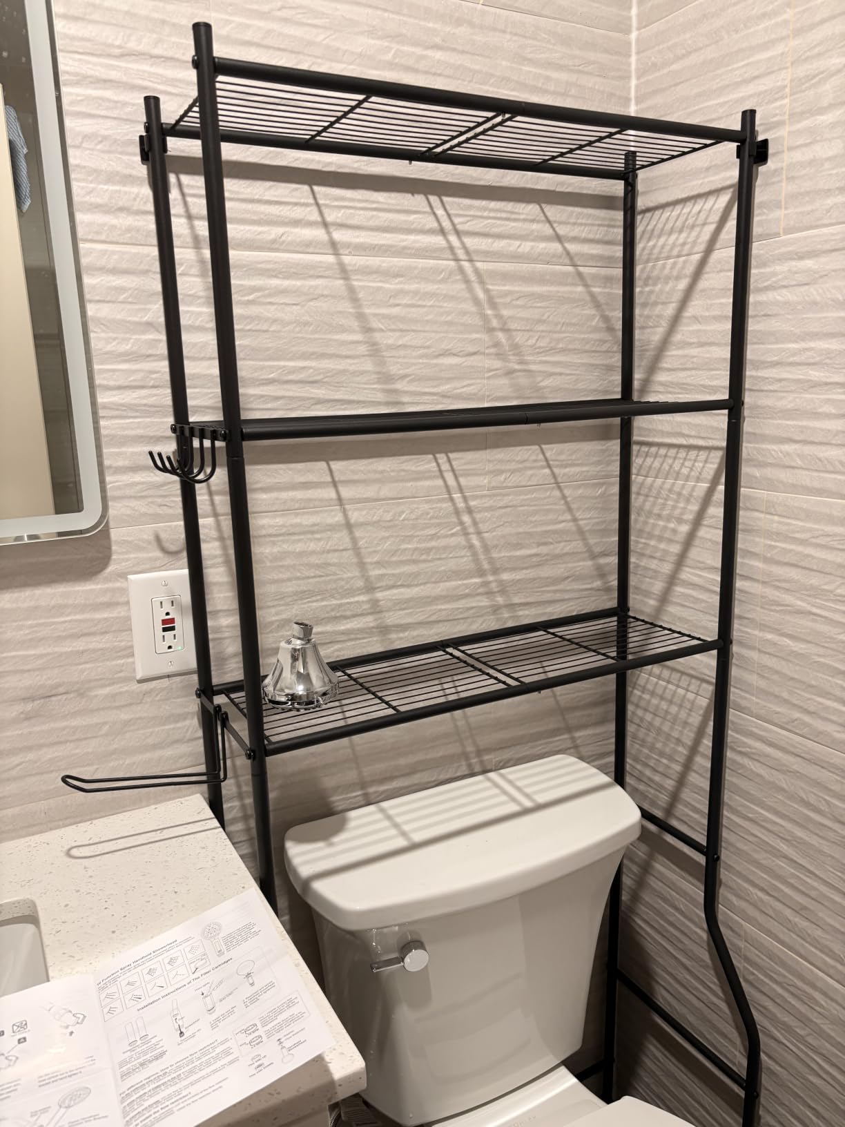 GloTika 3-Tier Over Toilet Storage with Anti-Tilt Safety System - 150lb Total Capacity Metal Bathroom Shelves Including Paper Holder & 4 Hooks, Space Saving Above Commode Organizer (64 H, Black) customer photo 1
