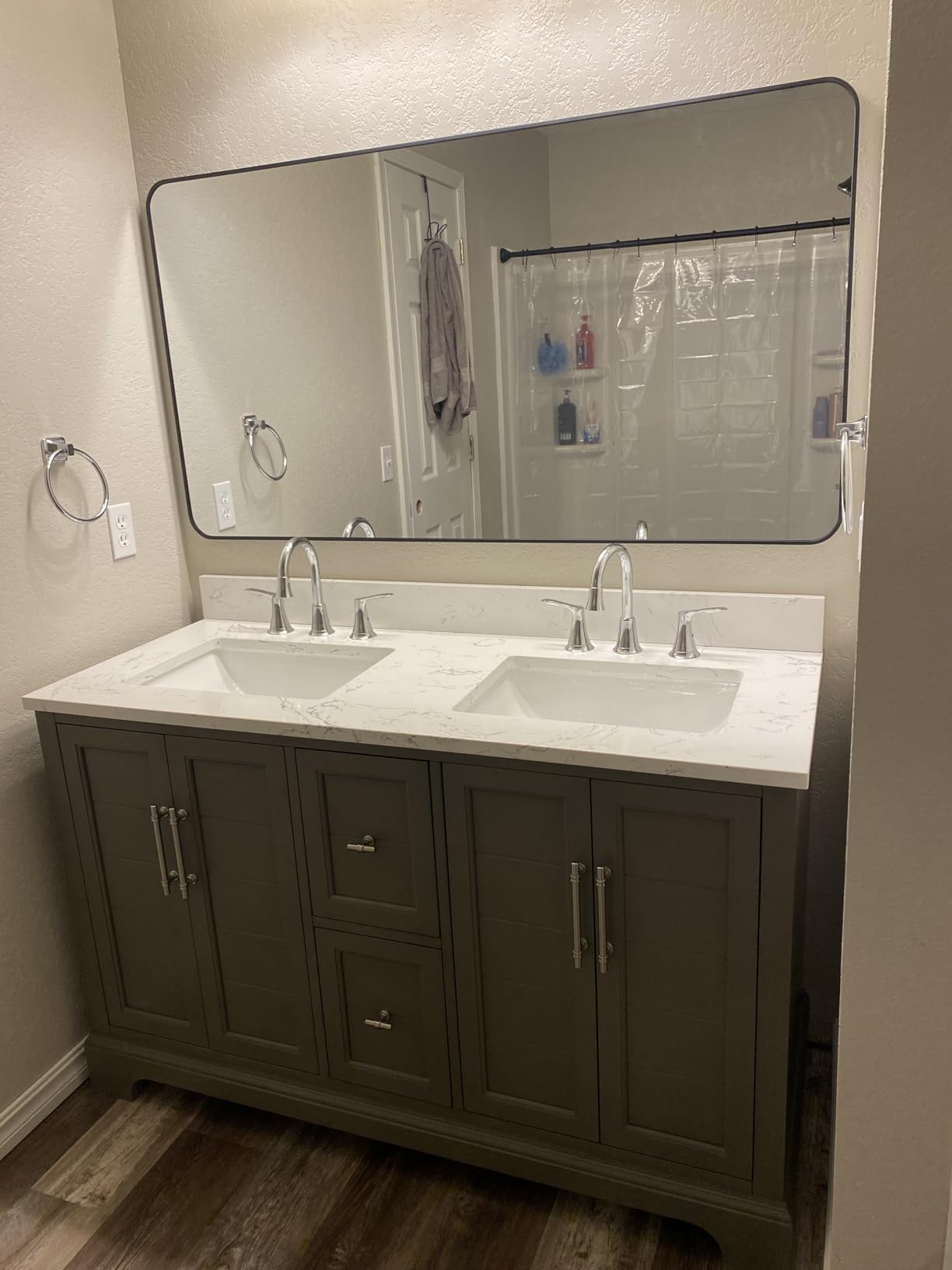 HOMEBEYOND 54 Inch Bathroom Vanity with Double Sink & Ceramic Top, Vanity Cabinet with Center Countertop Basin, Soft-Closing Doors, Backsplash, Sliver Grey customer photo 1