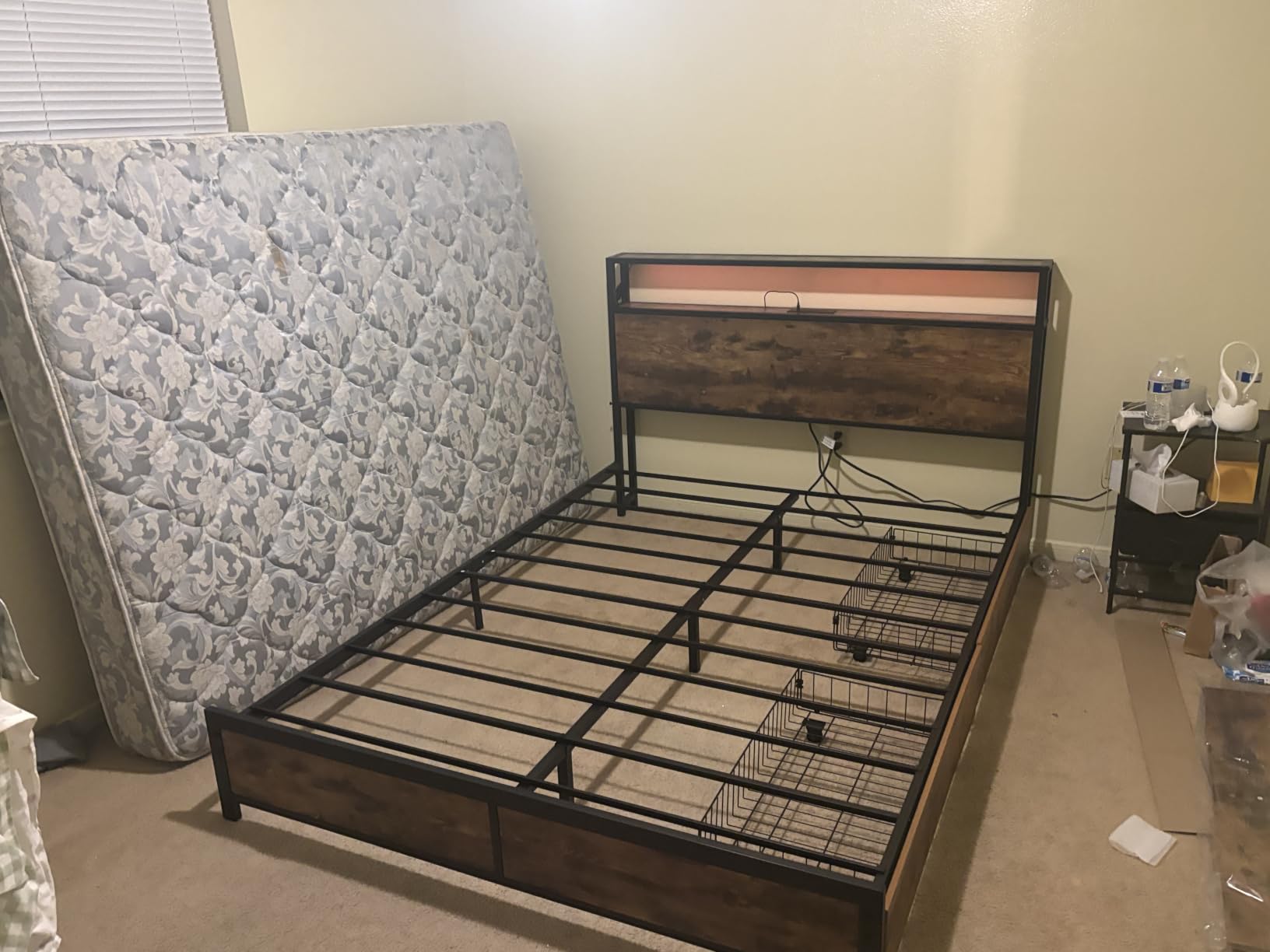 Lifezone Queen Bed Frame with 2-Tier Storage Headboard, Metal Platform Bed Frame with 4 Storage Drawers, Built in Charging Station & LED, Noise-Free/Metal Support/No Box Spring Needed, Rustic Grey customer photo 2
