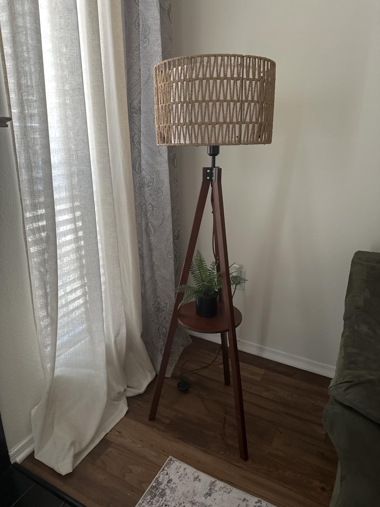 LAMSU Boho Tripod Floor Lamps for Living Room, Rattan Wood Floor Lamp with Fabric Shades, Mid Century Standing Lamp with Shelf, Foot Switch, Modern Farmhouse Tall Lamps for Bedroom Office Brown customer photo 2