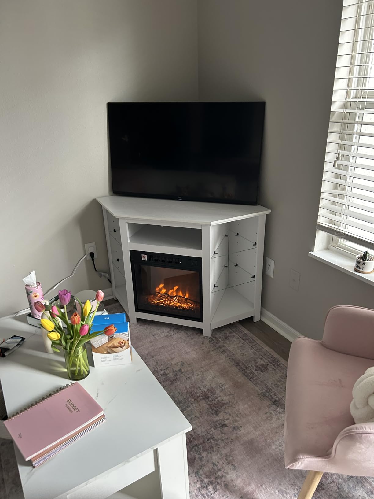 RELAX4LIFE Corner Fireplace TV Stand - Electric Fireplace Entertainment Center w/Heater Insert, LED Lights, APP Control & Adjustable Shelves, Media Console Cabinet for TVs up to 50''(Rustic Brown) customer photo 1