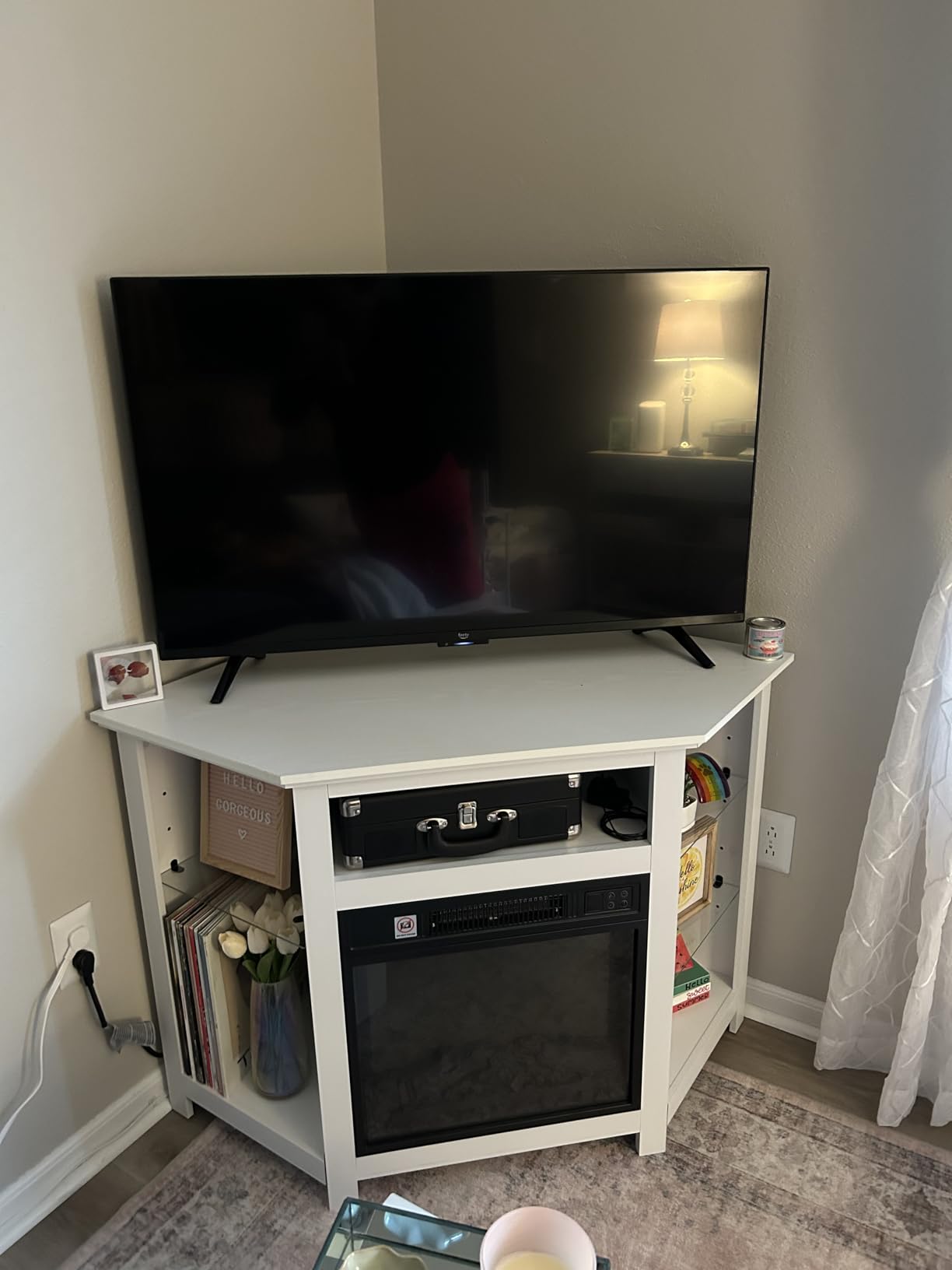 RELAX4LIFE Corner Fireplace TV Stand - Electric Fireplace Entertainment Center w/Heater Insert, LED Lights, APP Control & Adjustable Shelves, Media Console Cabinet for TVs up to 50''(Rustic Brown) customer photo 2