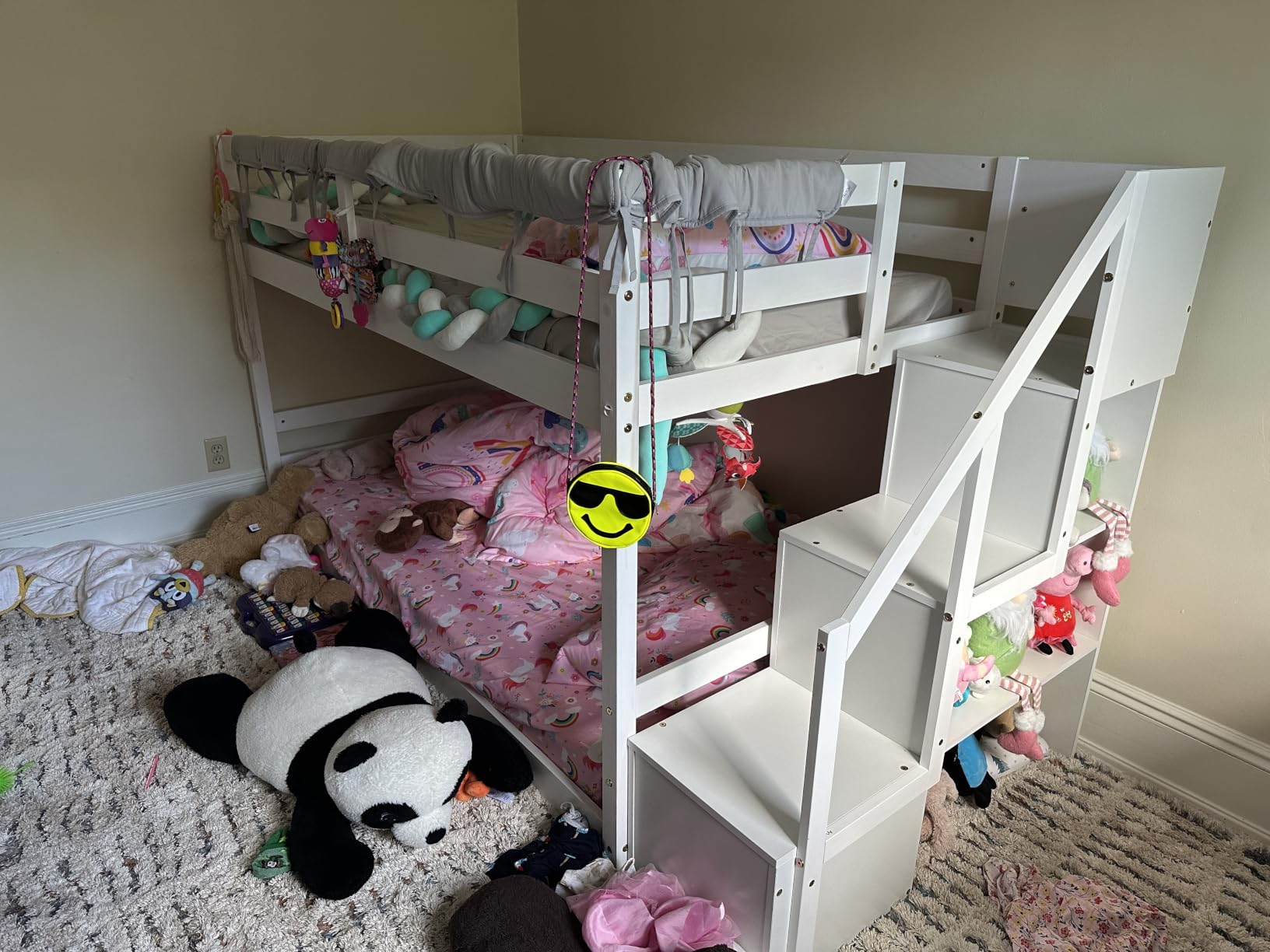 Giantex Twin Over Full Bunk Bed with Stairs, Solid Wood Floor Bunk Bed with Storage Staircase & Full-Length Guardrails, Low Bunk Bed for Kids, Teens, Adults, Dorm, Small Space, White customer photo 1