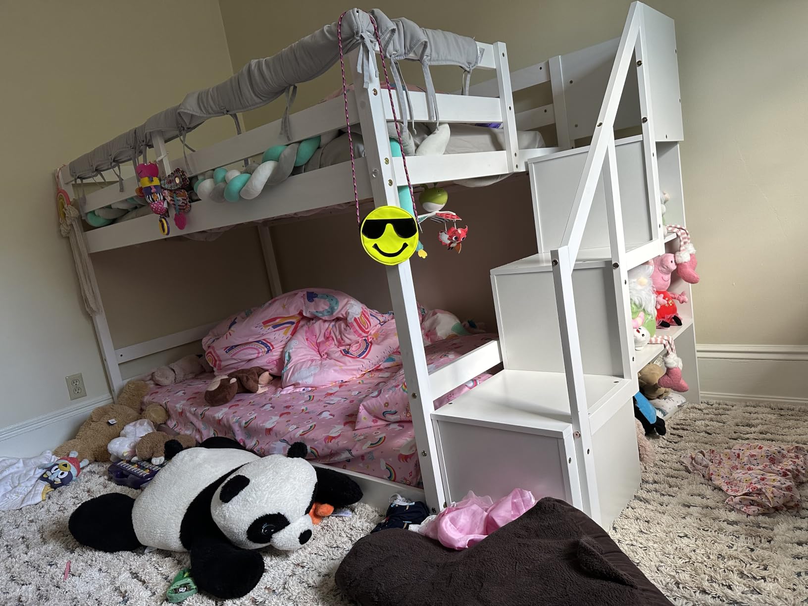 Giantex Twin Over Full Bunk Bed with Stairs, Solid Wood Floor Bunk Bed with Storage Staircase & Full-Length Guardrails, Low Bunk Bed for Kids, Teens, Adults, Dorm, Small Space, White customer photo 2