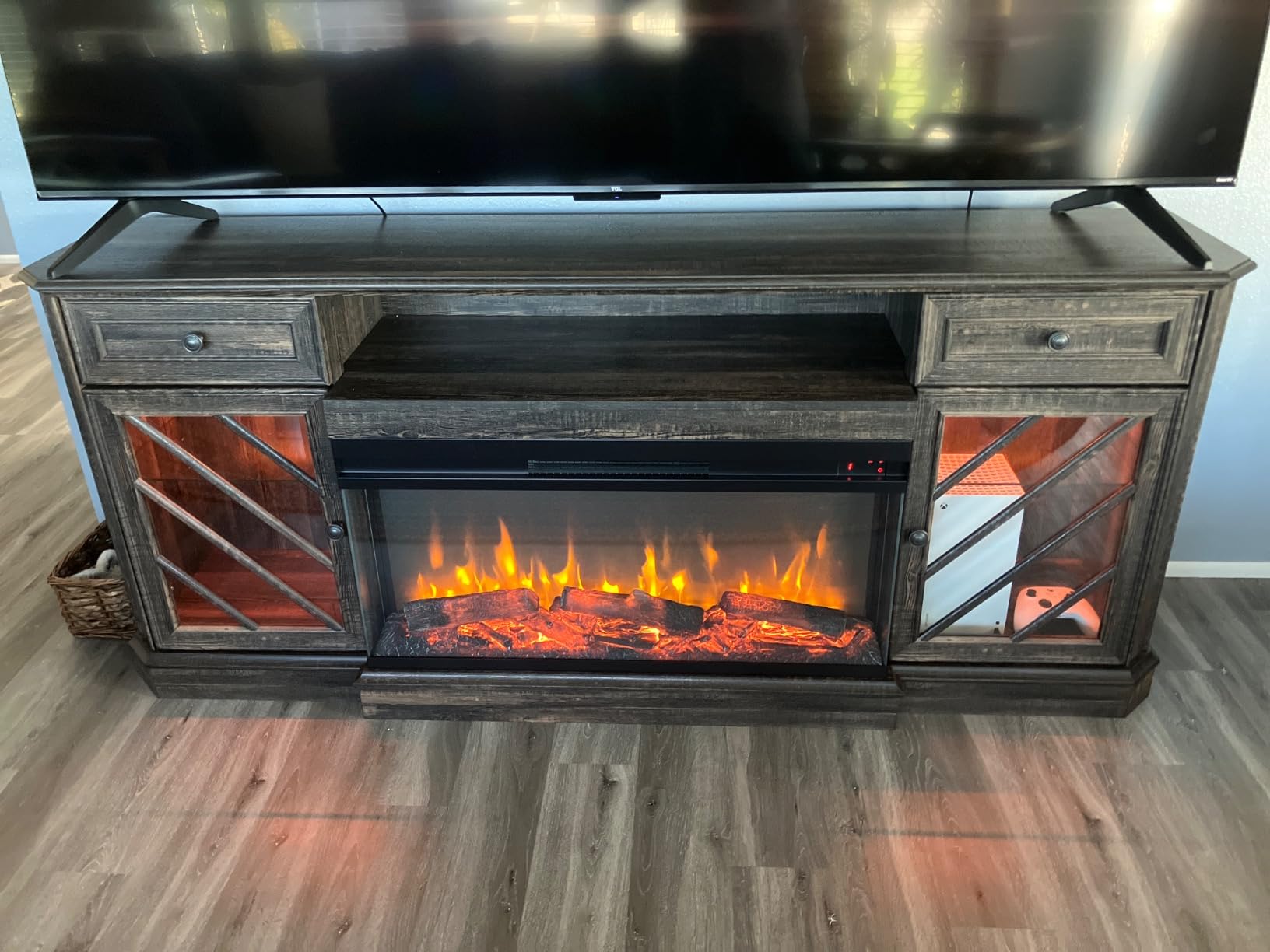 OKD 75 Inch 3-Sided Electric Fireplace TV Stand for TVs up to 85'', Modern Highboy Entertainment Center with 36