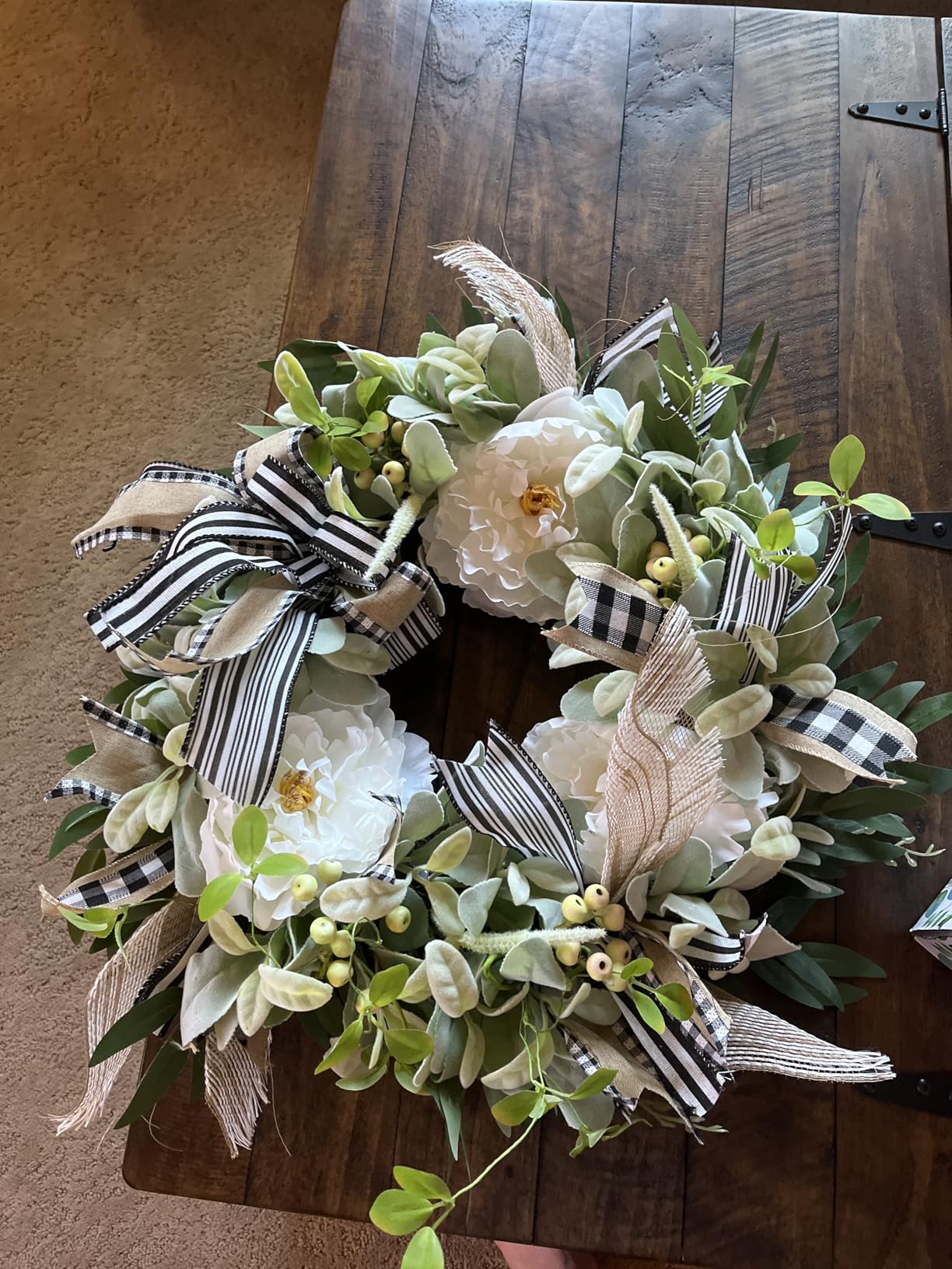 WREATHOME Lambs Ear Wreaths for Farmhouse Front Door Outside Year Round | 20'' Artificial Spring Summer Fall Winter Wreath with Peony Buffalo Bow Green Handmade Everyday Home Decor customer photo 1