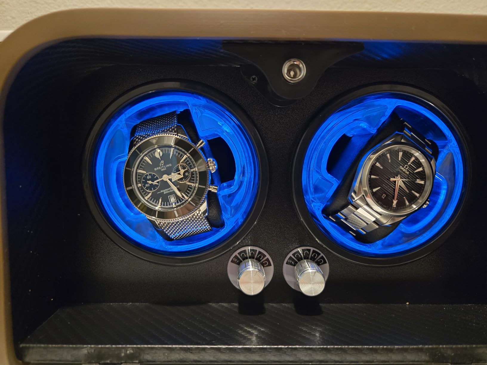 Clewcks Watch Winder for Automatic Watches, Watch Winders Box for Rolex, Double Japanese Silent Motor, 4 Rotation Mode Setting, Blue Light, Plug-in or 2 * AA Batteries (not included), Gift for man customer photo 1