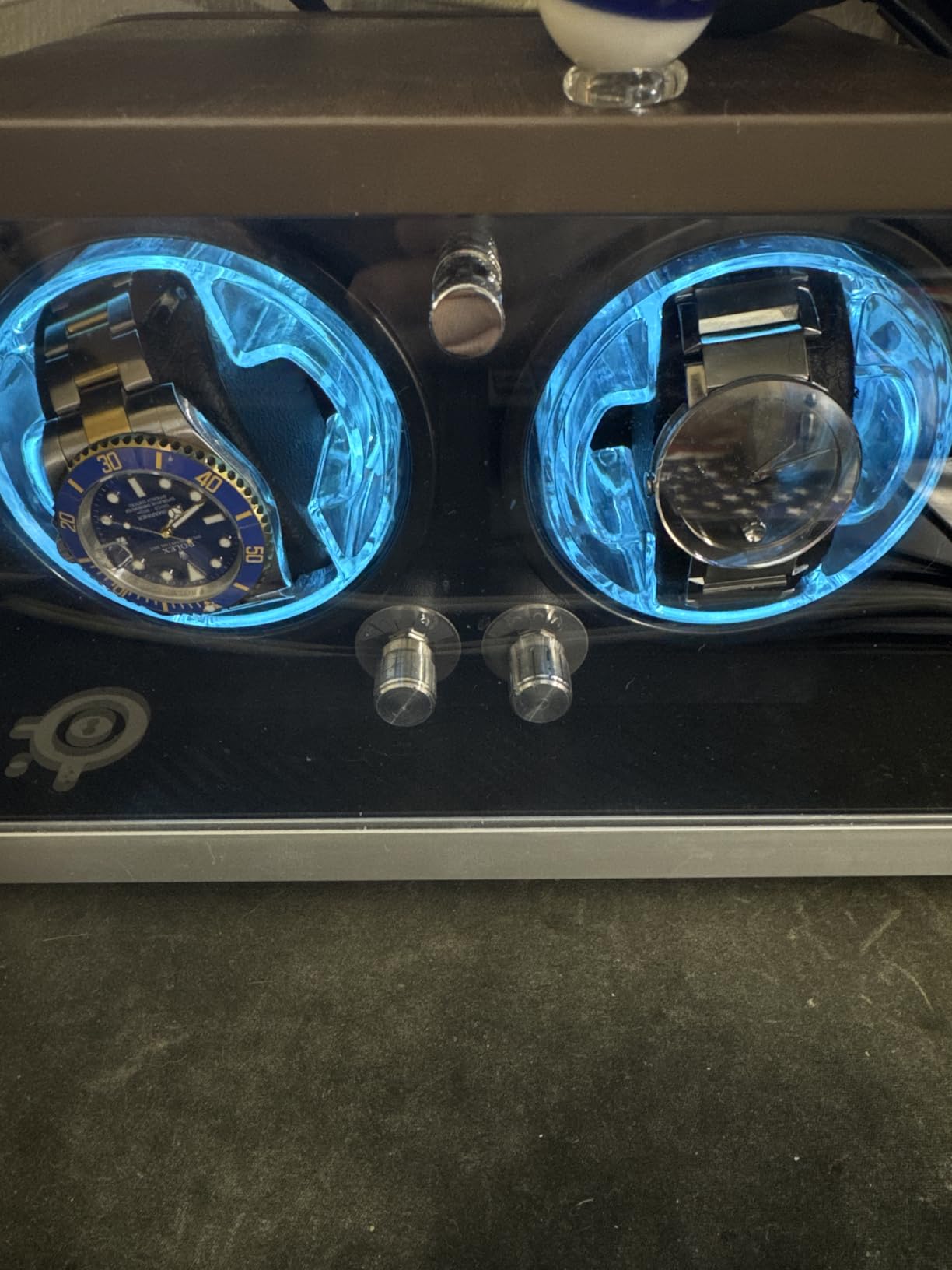 Clewcks Watch Winder for Automatic Watches, Watch Winders Box for Rolex, Double Japanese Silent Motor, 4 Rotation Mode Setting, Blue Light, Plug-in or 2 * AA Batteries (not included), Gift for man customer photo 2