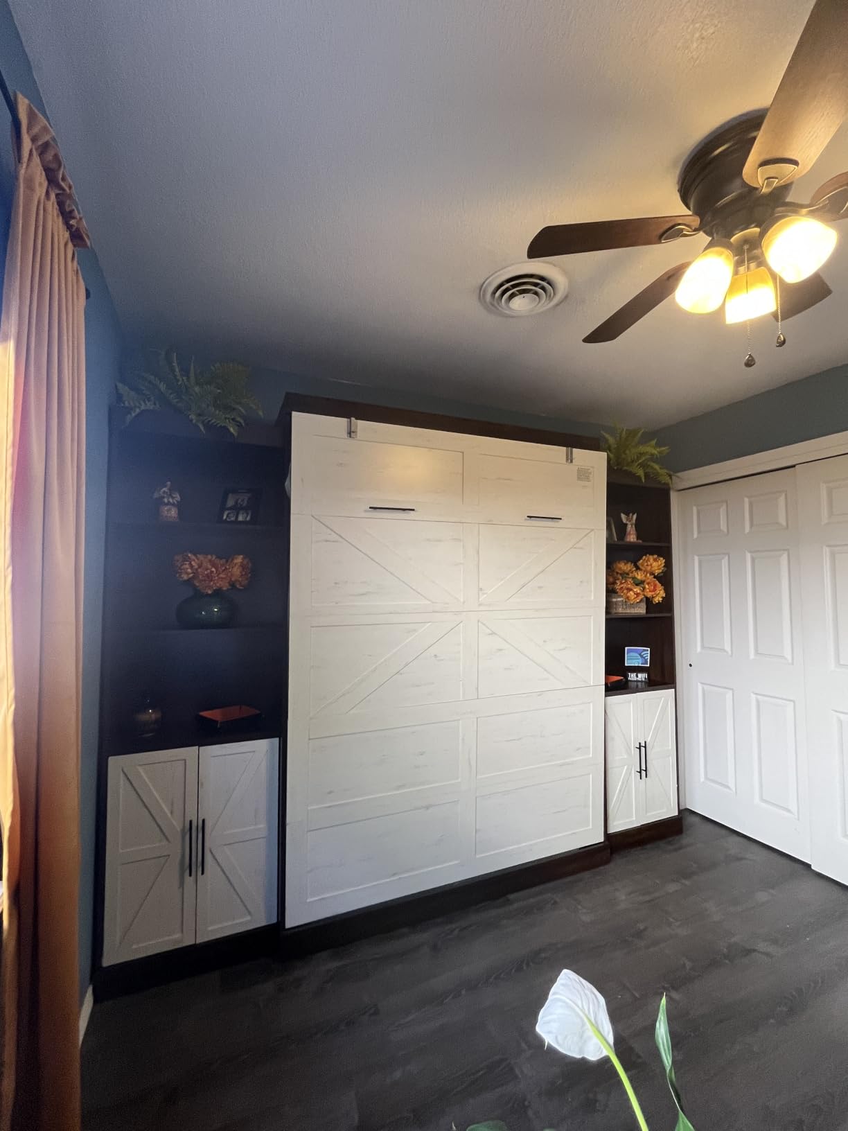 Hlivelood Queen Size Murphy Bed with 2 LED Lights, Farmhouse Wood Hidden Foldable Wall Bed Frame w/Gas Struts, Rustic White customer photo 1
