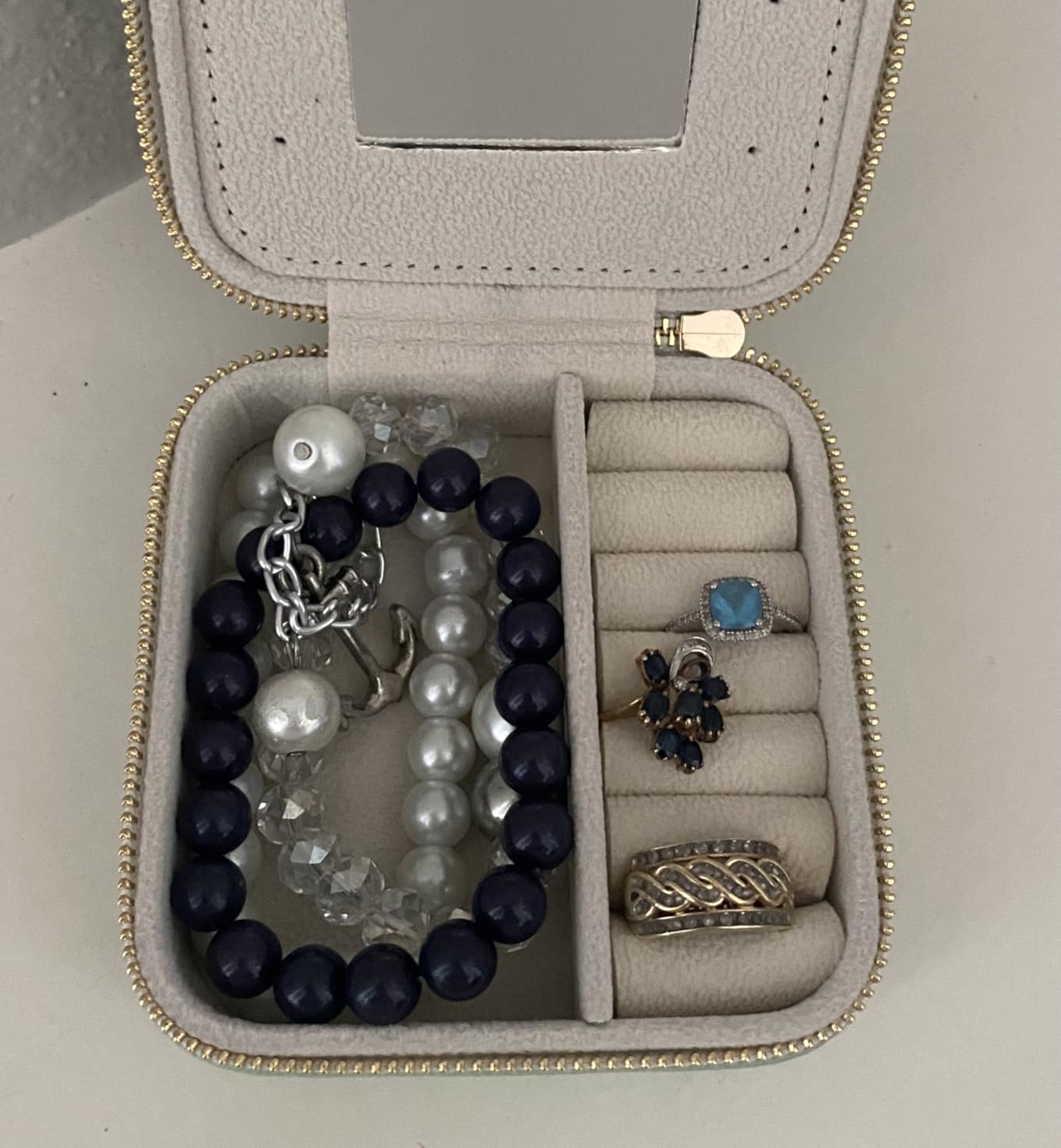 NGVRC Genuine Leather Travel Jewelry Organizer Case with Mirror for Women, Small Mini Portable Jewelry Box for Earring, Ring, Necklace, Bracelet (Dark Green) customer photo 2