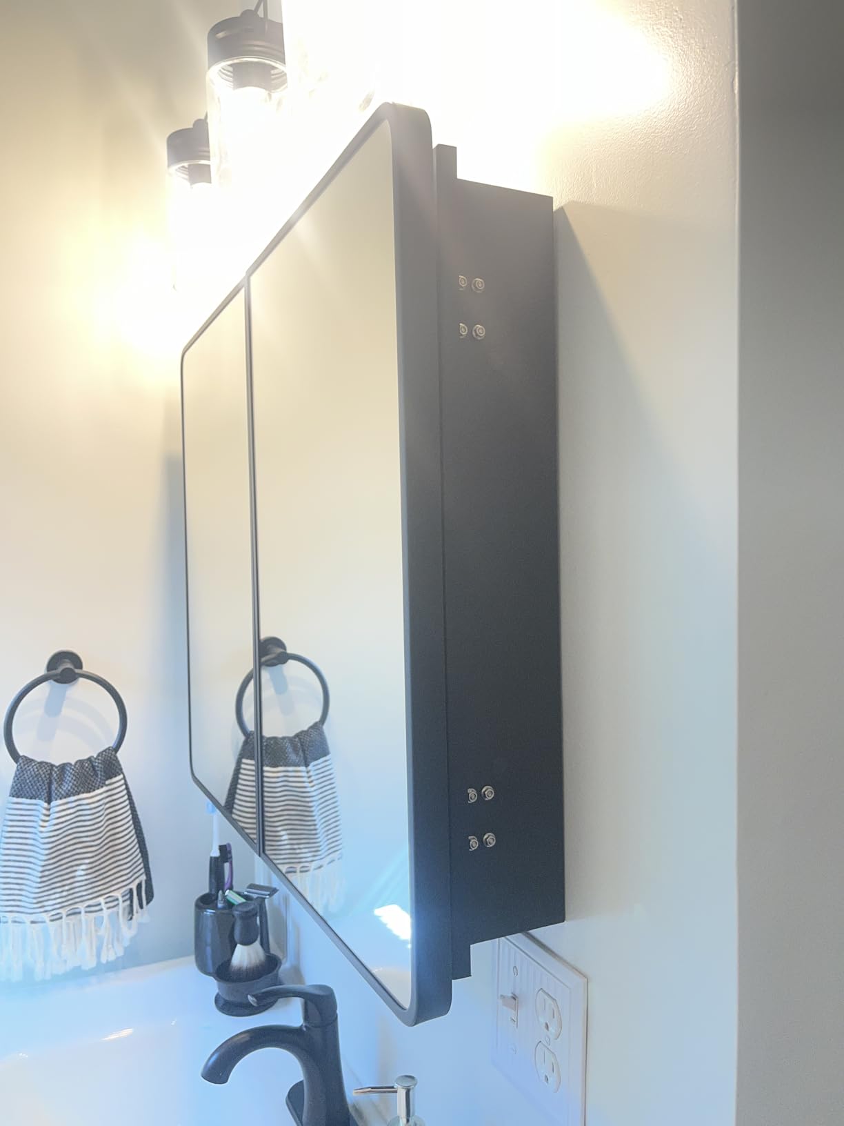 Medicine Cabinet with Mirror, 14x18 Inch Black Bathroom Mirrored Cabinet, Metal Framed Wall Cabinet with Beveled Mirror, Modern Surface Mount or Recessed Medicine Cabinet with Storage customer photo 1