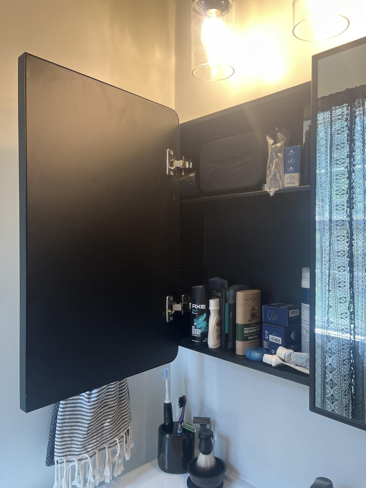 Medicine Cabinet with Mirror, 14x18 Inch Black Bathroom Mirrored Cabinet, Metal Framed Wall Cabinet with Beveled Mirror, Modern Surface Mount or Recessed Medicine Cabinet with Storage customer photo 2