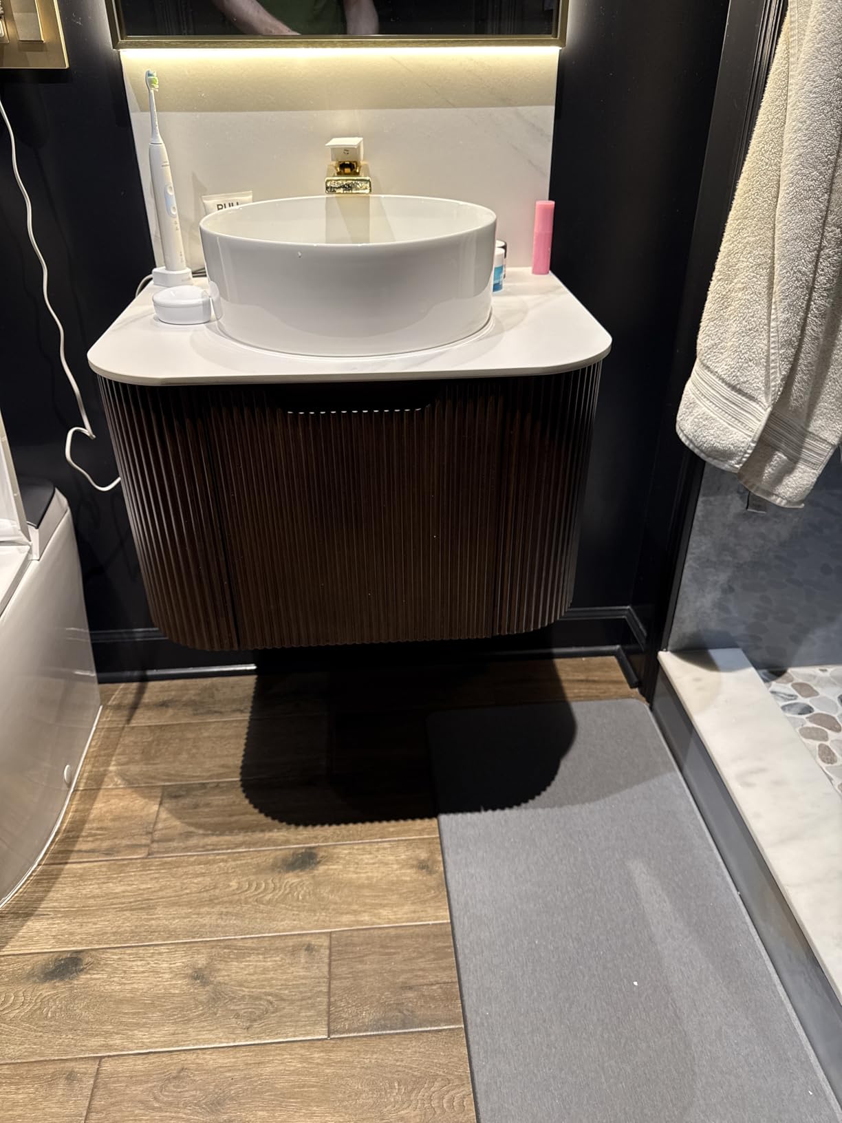 60 inch Bathroom Vanity with Double Sink, Floating Bathroom Vanities with Ultra-Thin Marble Basin and Countertop, 2 Large Soft-Closing Storage Drawers, Pre-Assembled Cabinet, Nature Wood customer photo 1