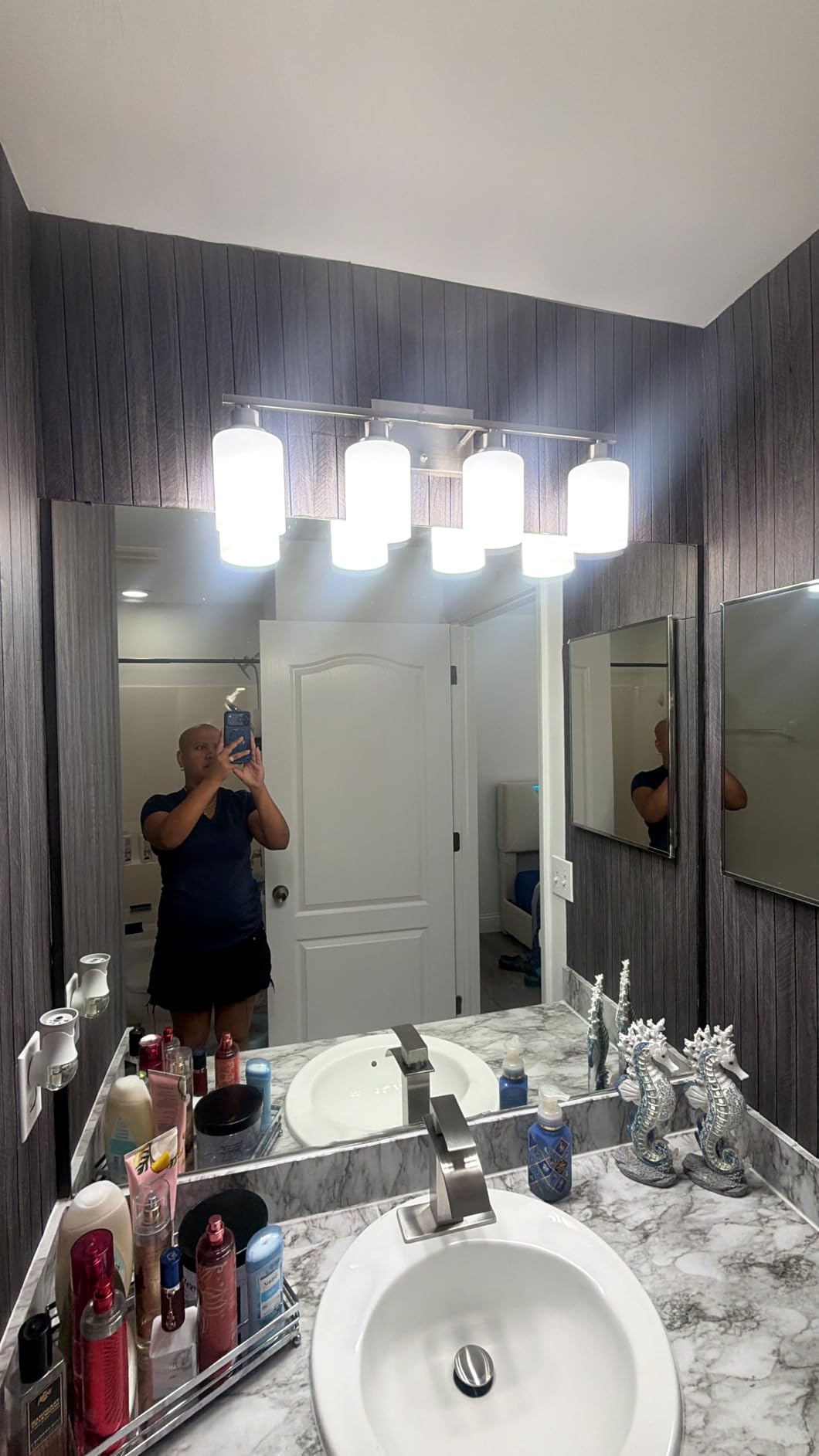 Ascher Bathroom Light Fixtures, 4-Light Vanity Light Over Mirror, Brushed Nickel Wall Sconces with Milky White Frosted Glass Shades, Wall Lamp for Living Room Bedroom, E26 Base (Bulbs Not Included) customer photo 1