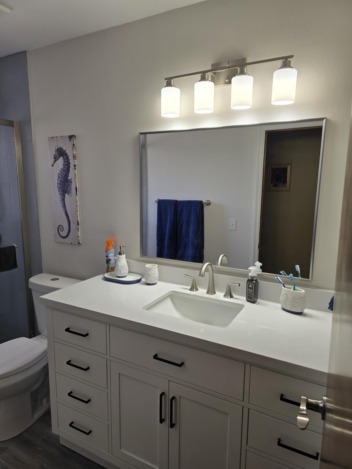 Ascher Bathroom Light Fixtures, 4-Light Vanity Light Over Mirror, Brushed Nickel Wall Sconces with Milky White Frosted Glass Shades, Wall Lamp for Living Room Bedroom, E26 Base (Bulbs Not Included) customer photo 2