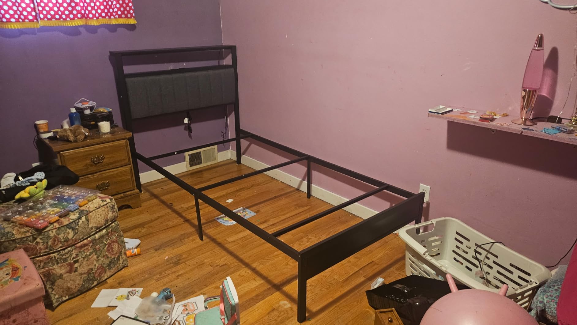 Furnulem Queen Bed Frame with Charging Station and LED Lights, Grey Upholstered Headboard with Shelves, Metal Platform Bed with 2 Under-Bed Storage (Fabric Drawer on Wheels), No Box Spring Needed customer photo 1