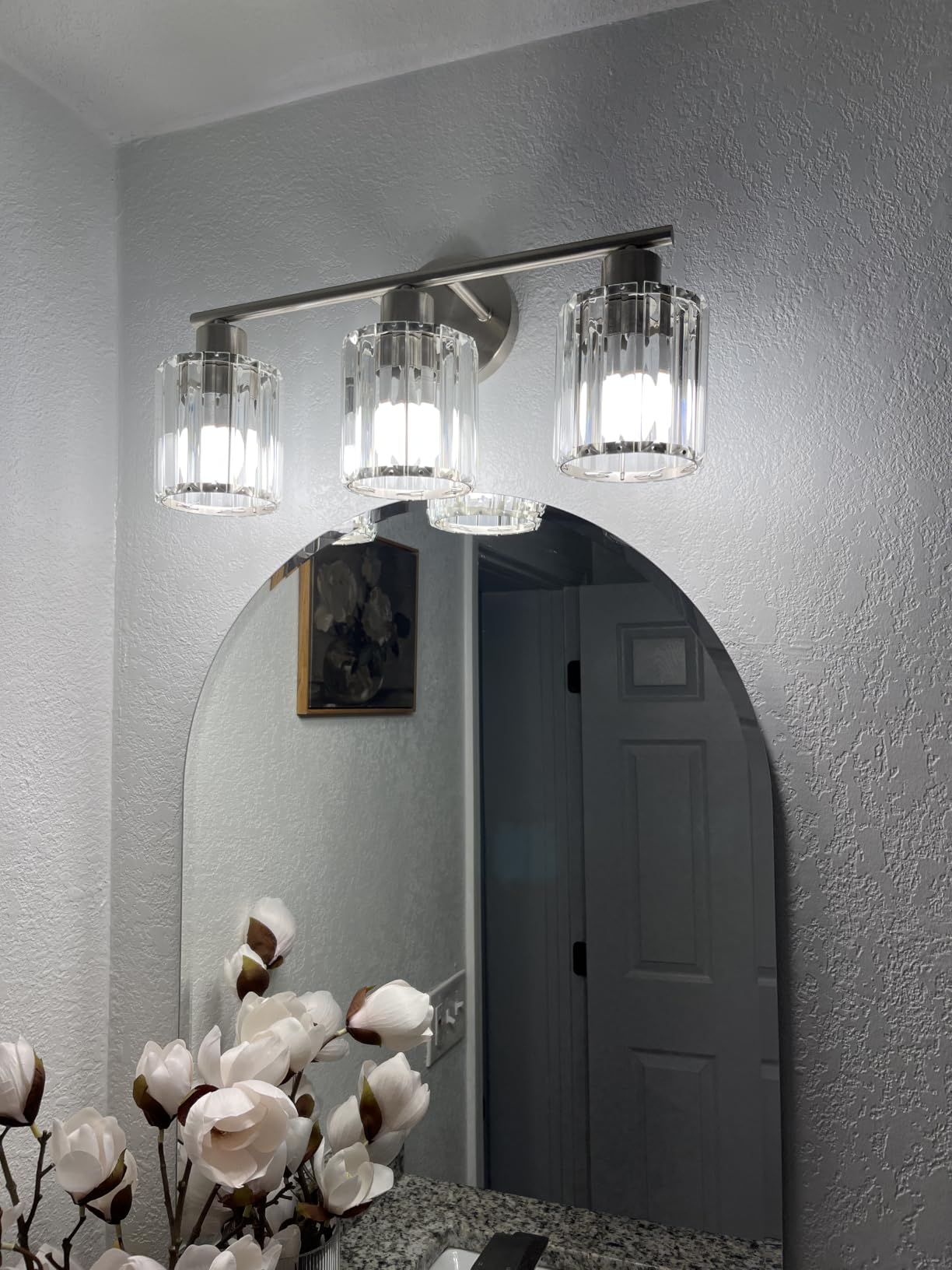 Modern Brushed Nickel Crystal Bathroom Light Fixtures, 3-Light | Bathroom Lighting Fixtures over Mirror, Vanity Lights for Mirror, Restroom (Ceramic E26 Socket, Bulbs Not Include) customer photo 2