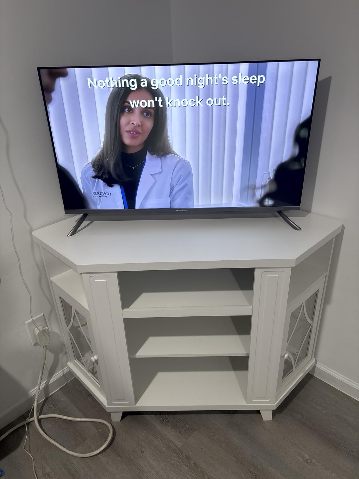 RoyalCraft Corner TV Stands with 18'' Fireplace for TVs up to 55'', Media Console Table with Adjustable Shelves, Acrylic Doors with Diamond Design, Entertainment Center for Living Room, Black customer photo 2