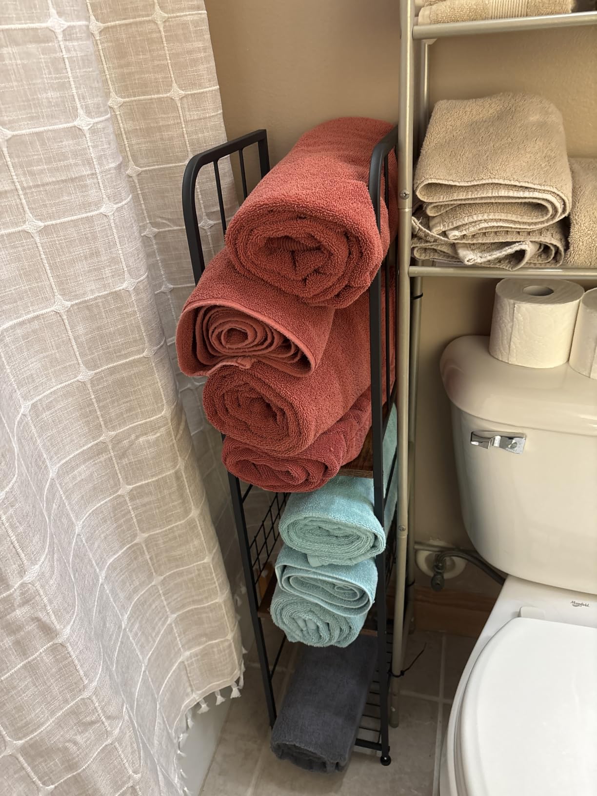 KIMBORA Narrow Towel Storage for Bathroom, 3-Tier Free Standing Bathroom Towel Rack Organizer with Shelf for Small Bath, Pool, Brown customer photo 1