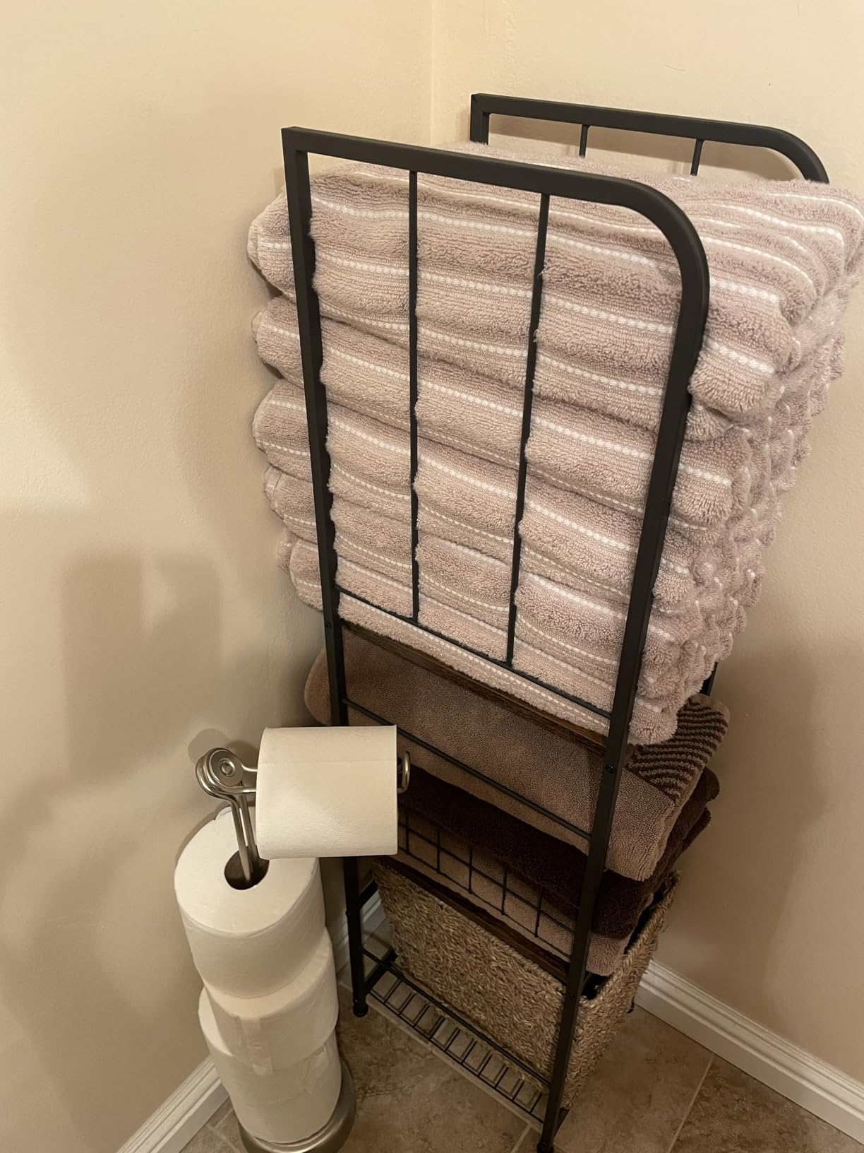 KIMBORA Narrow Towel Storage for Bathroom, 3-Tier Free Standing Bathroom Towel Rack Organizer with Shelf for Small Bath, Pool, Brown customer photo 2