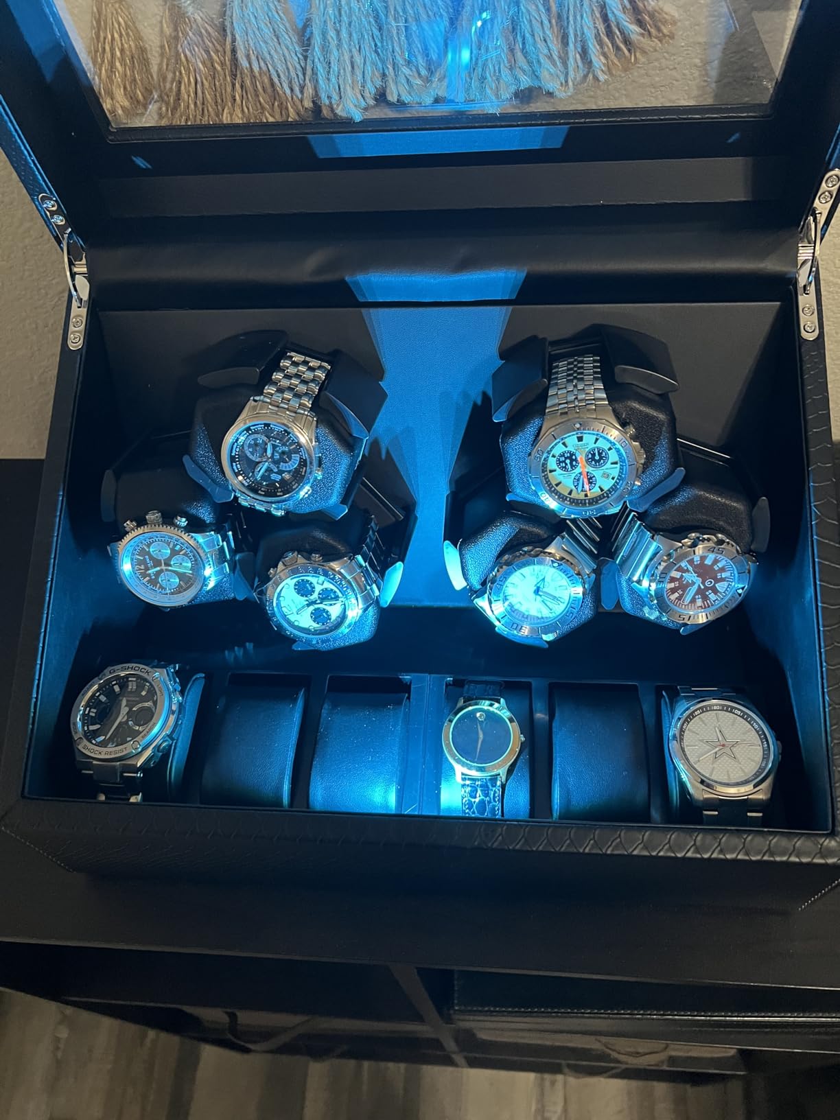 Mcbazel Watch Winder for Automatic Watches, 6 Watch Winder + 6 Storage Case, Watches Winder Box with Super Quiet Motor, Blue LED Light, Memory Foam Pillows, Gift for Men & Women - Black customer photo 1