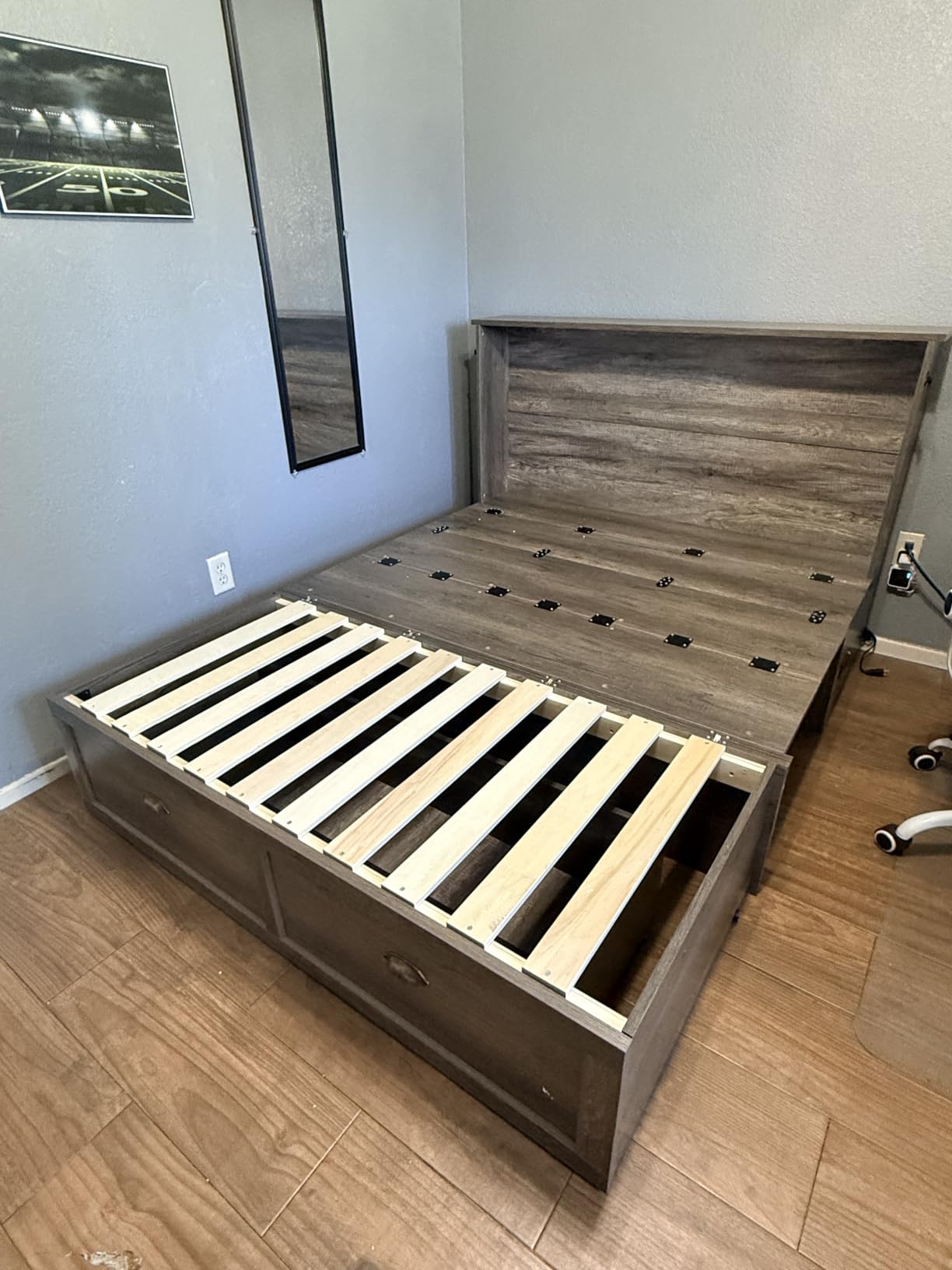 AMERLIFE Twin Size Murphy Bed, Farmhouse Wooden Cabinet with Charging Station and Storage Drawer, Grey Oak customer photo 1