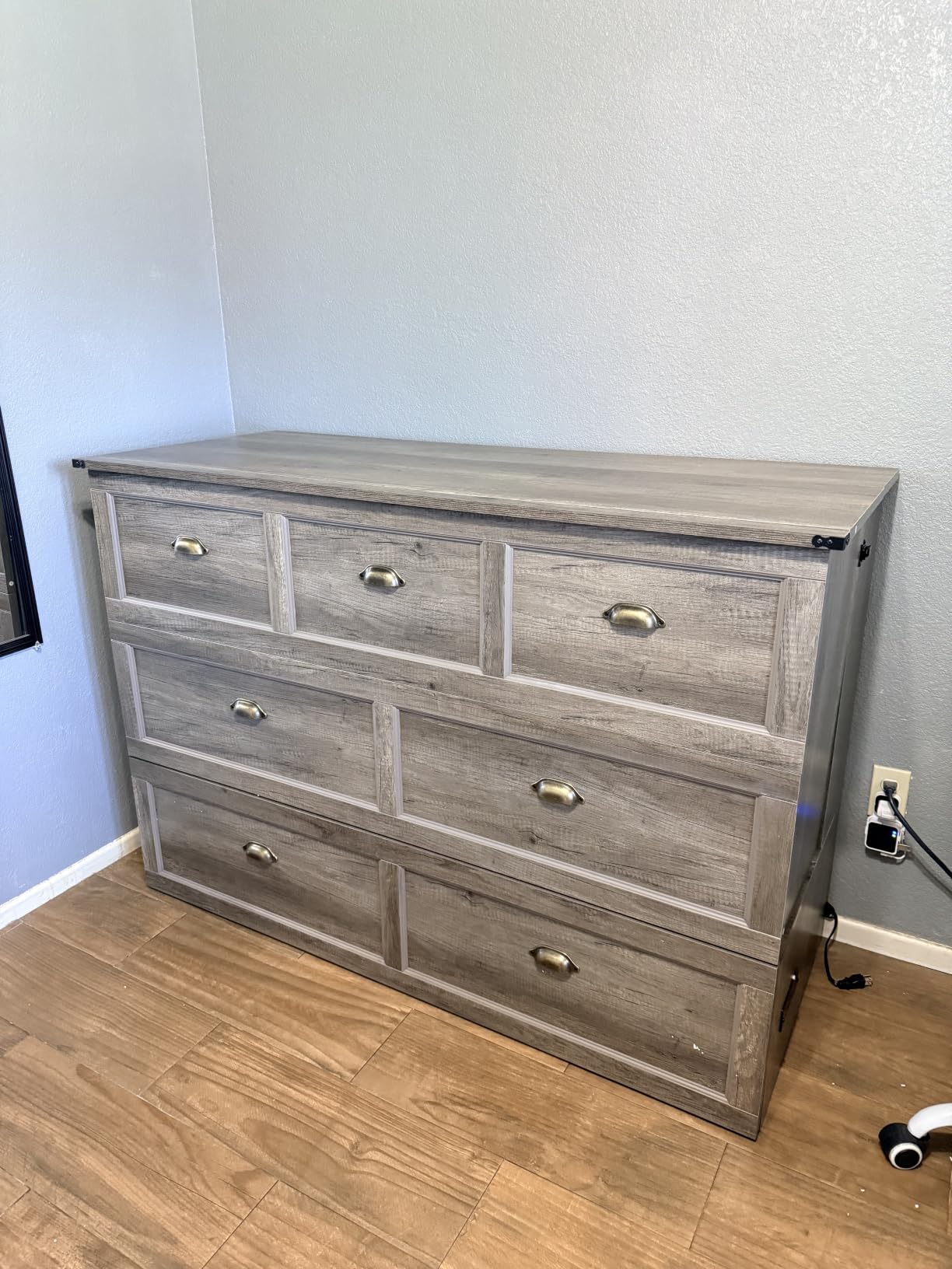 AMERLIFE Twin Size Murphy Bed, Farmhouse Wooden Cabinet with Charging Station and Storage Drawer, Grey Oak customer photo 2