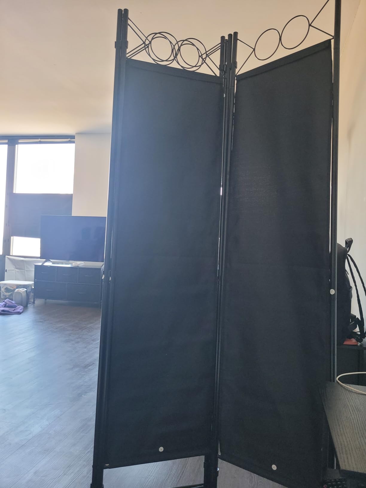 FDW 4 Panel Room Divider, 6FT Folding Privacy Screen Freestanding Partition Wall, Portable Room Separator for Dorm Bedroom Office Studio, Durable Metal Frame & Breathable Fabric, Dark Black customer photo 2