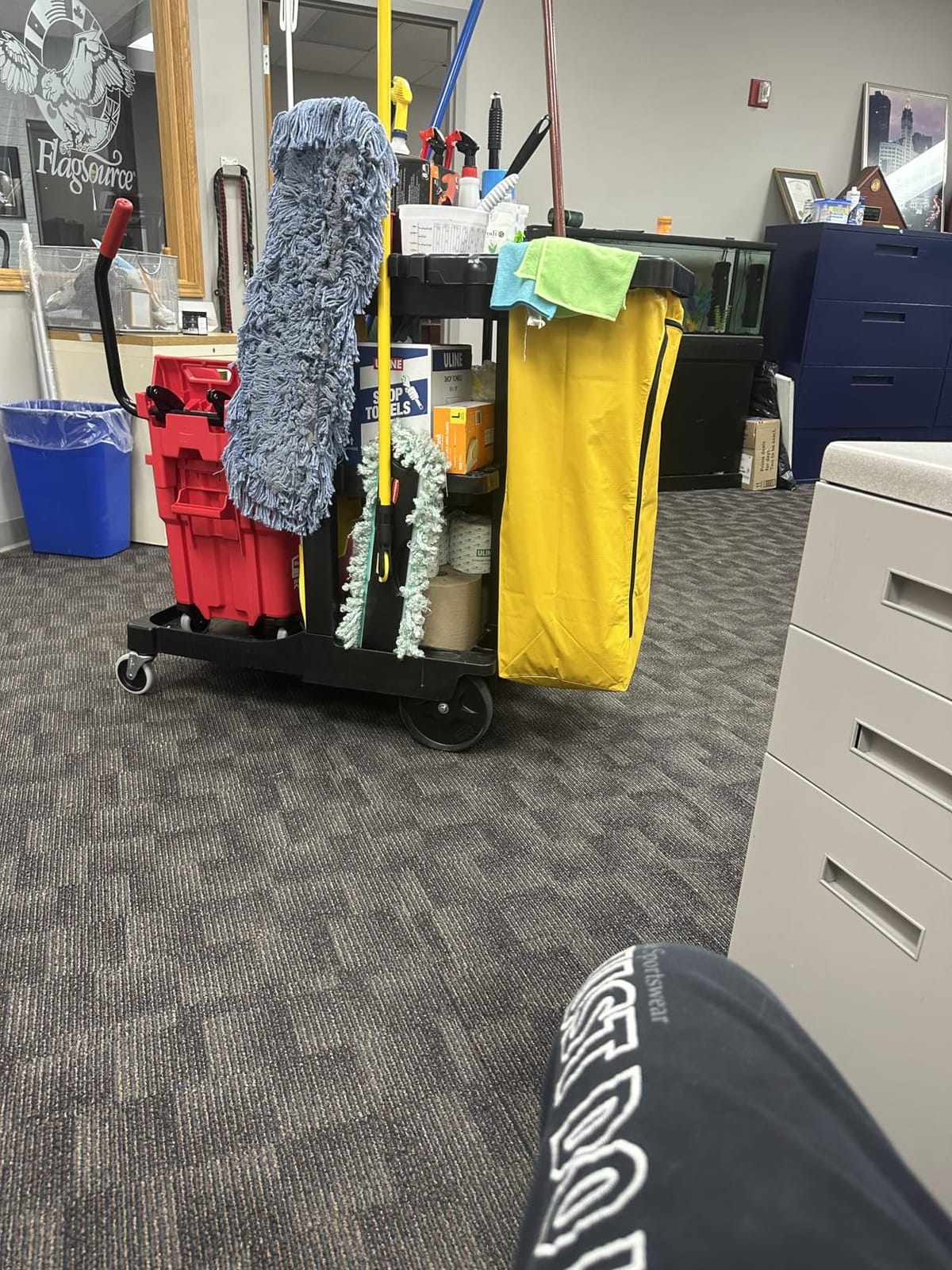 Rubbermaid Commercial Traditional Janitorial 3-Shelf Cleaning Cart, Wheeled with Zippered Yellow Vinyl Bag, for Business/School/Office/Janatorial Cleaning customer photo 1