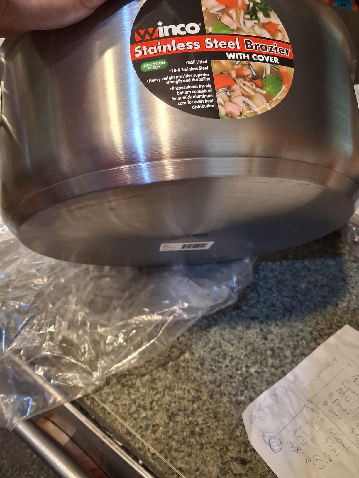 Winco 20 qt Stainless Steel Brazier Pan with Lid | Flat bottom, Wide base, Riveted handles, Induction safe, Great for Braising, Simmering, Batch Cooking and Restaurant Kitchens customer photo 1