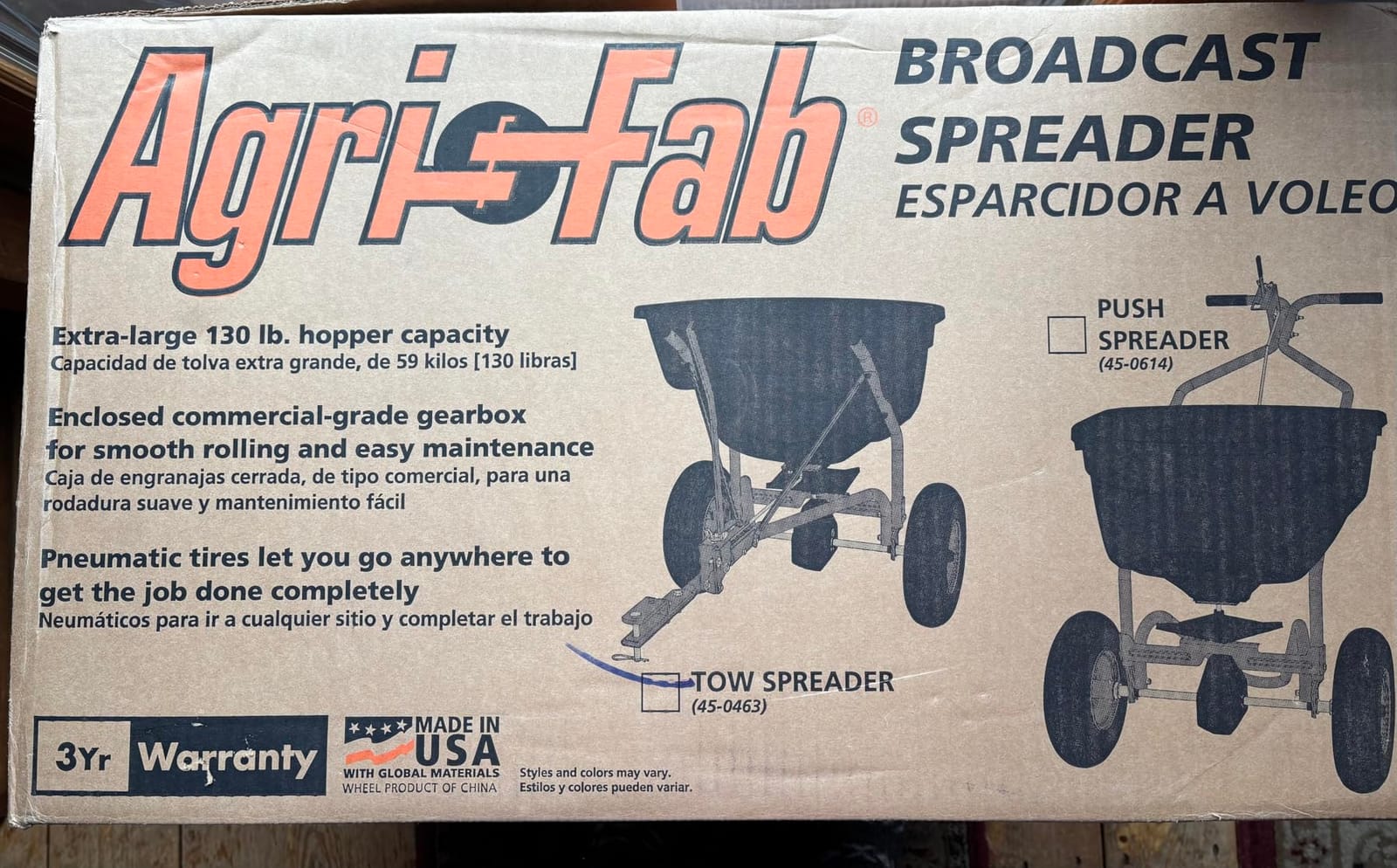 Agri-Fab Pull Behind Broadcast Spreader for Seed, Fertilizer, Salt and Ice Melt, 130 lb Hopper Capacity with Universal Hitch and 12 Ft Spread Width customer photo 1